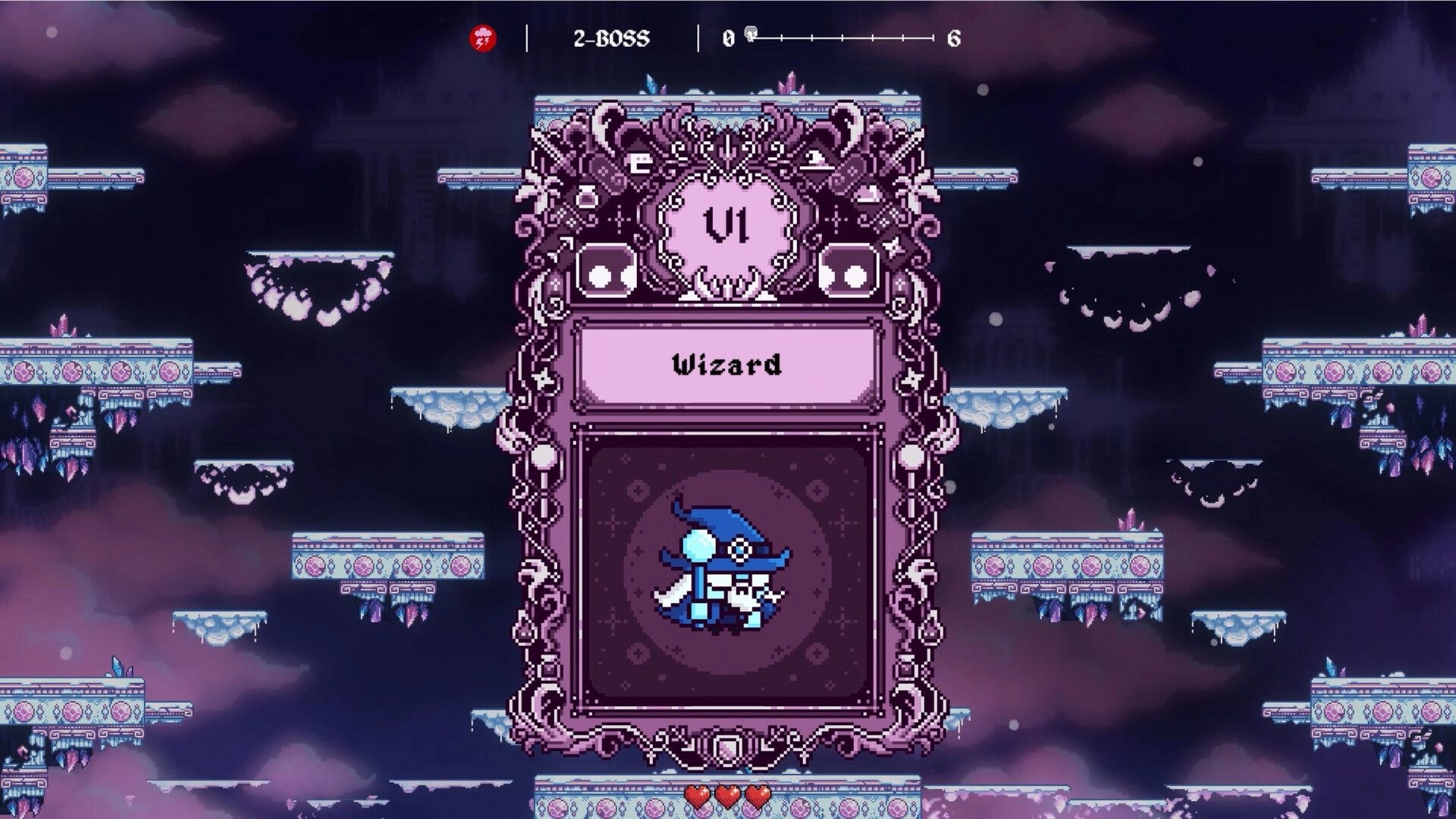 RAD: Wizard character card UI over floating ice platforms in a dark sky dungeon stage 2-BOSS.