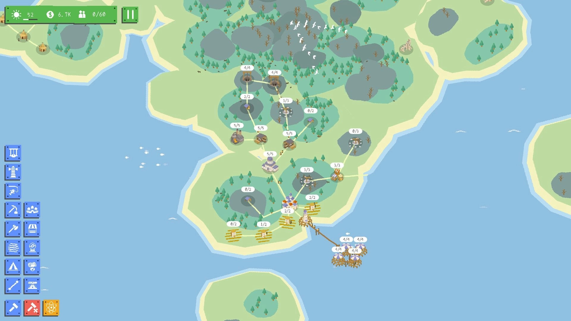 Radia Island: Town network with worker counts and build menu on a coastal island map with docks.