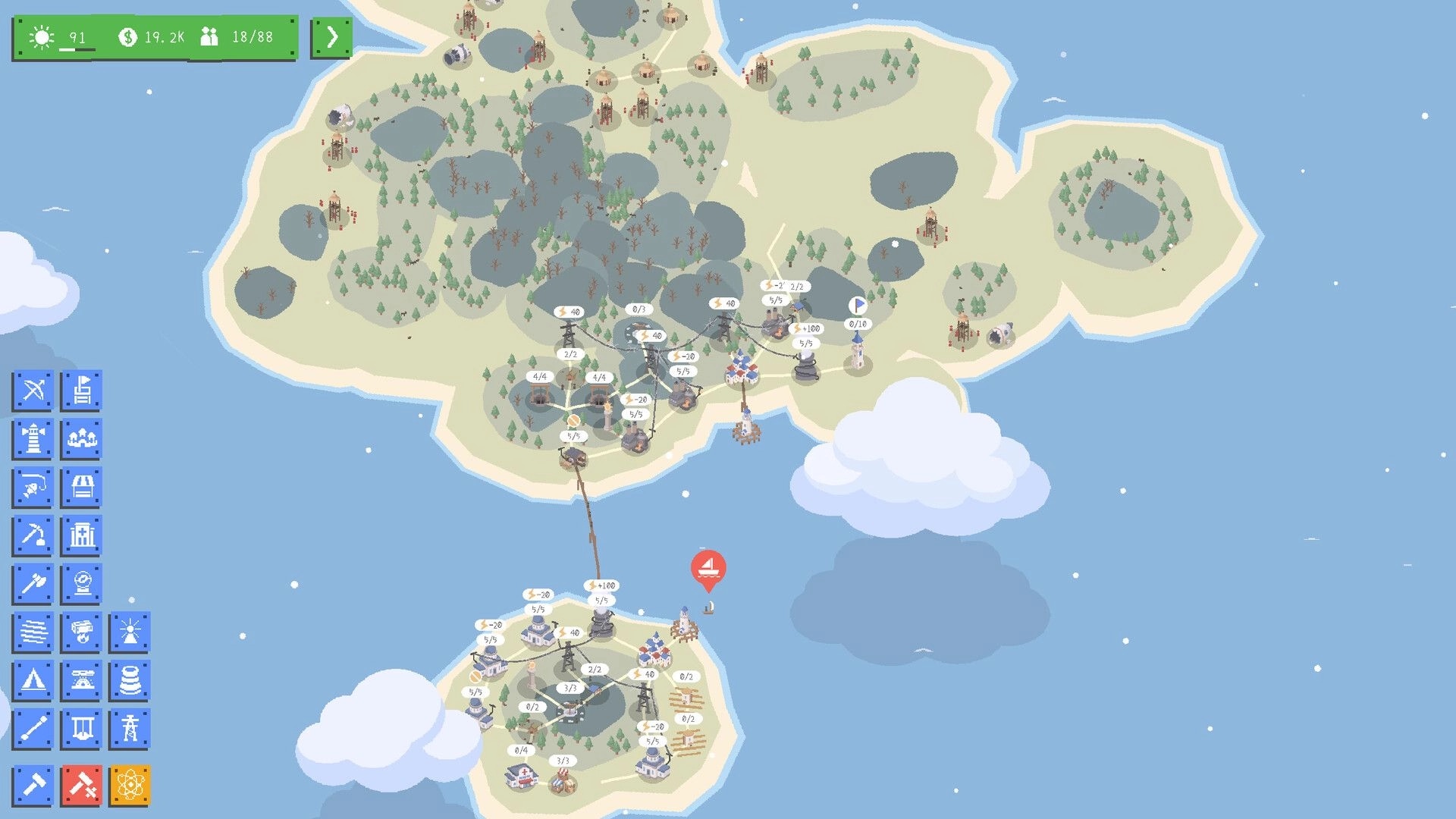 Radia Island: Map view linking two islands with power lines, buildings, and construction UI panels.