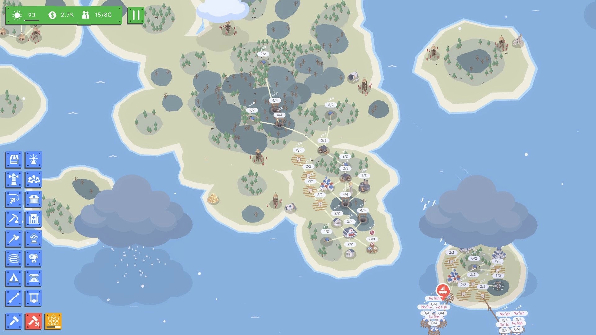 Radia Island: Overhead town map with linked buildings and build menu on a coastal island chain.