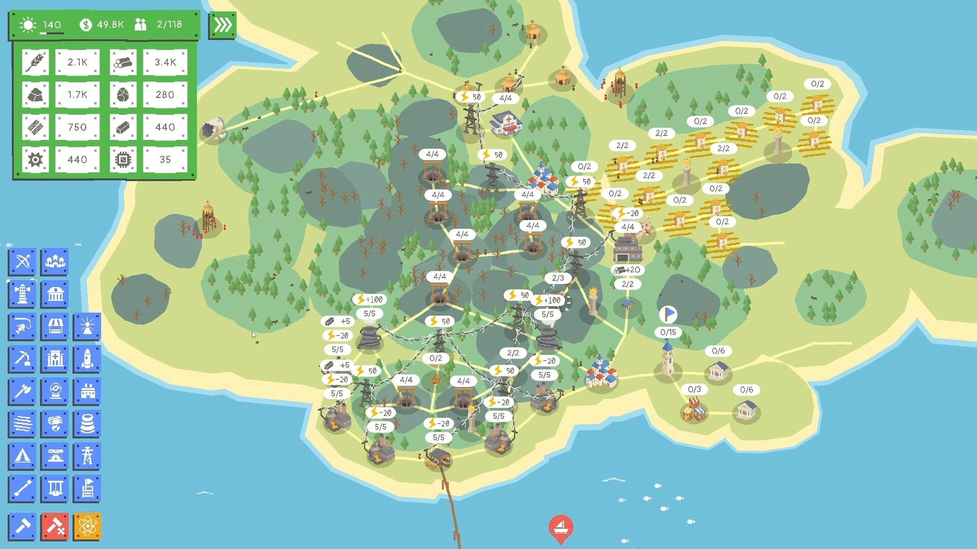 Radia Island: Island city overview with power lines, farms, and resource UI across coastal terrain.