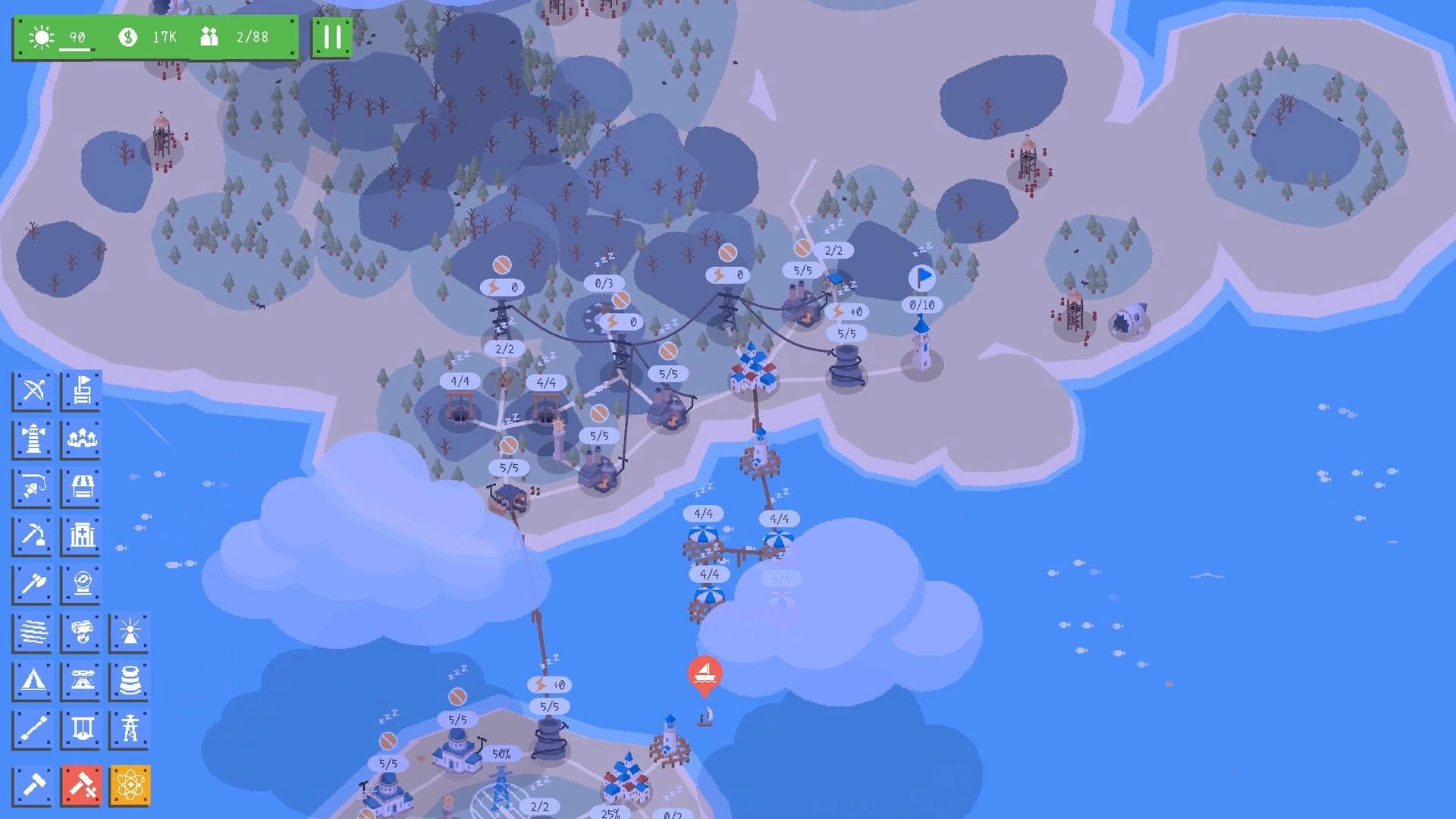 Radia Island: City overview with power lines and buildings on a snowy coast, resource UI visible.
