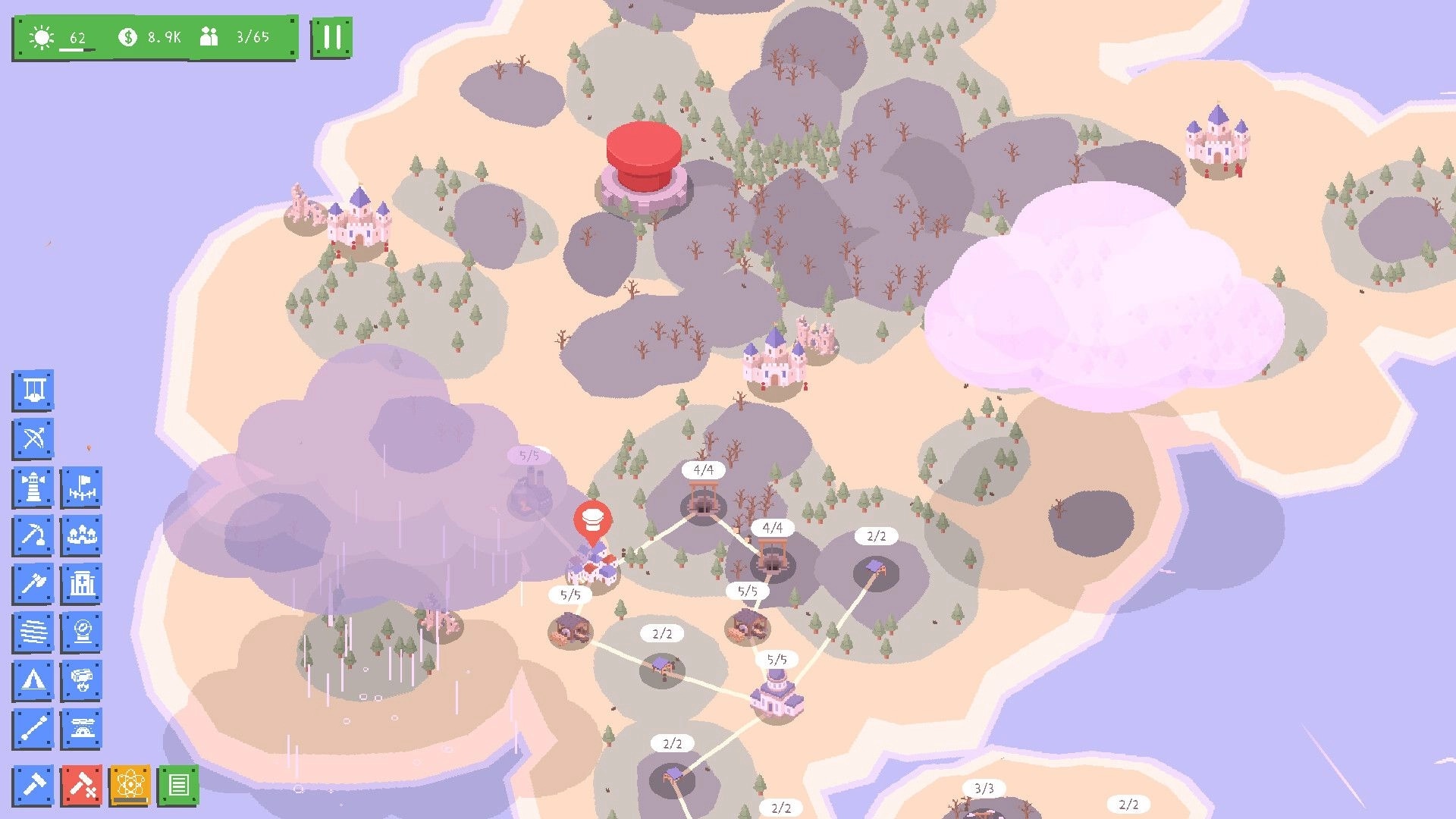 Radia Island: Town network and resource nodes with build toolbar and stats UI on coastal map view.