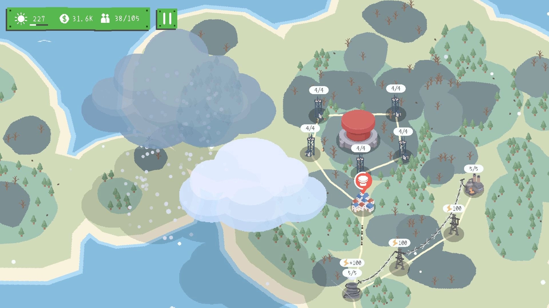 Radia Island: Map view with linked towers and buildings, resource counters and pause button on coast.