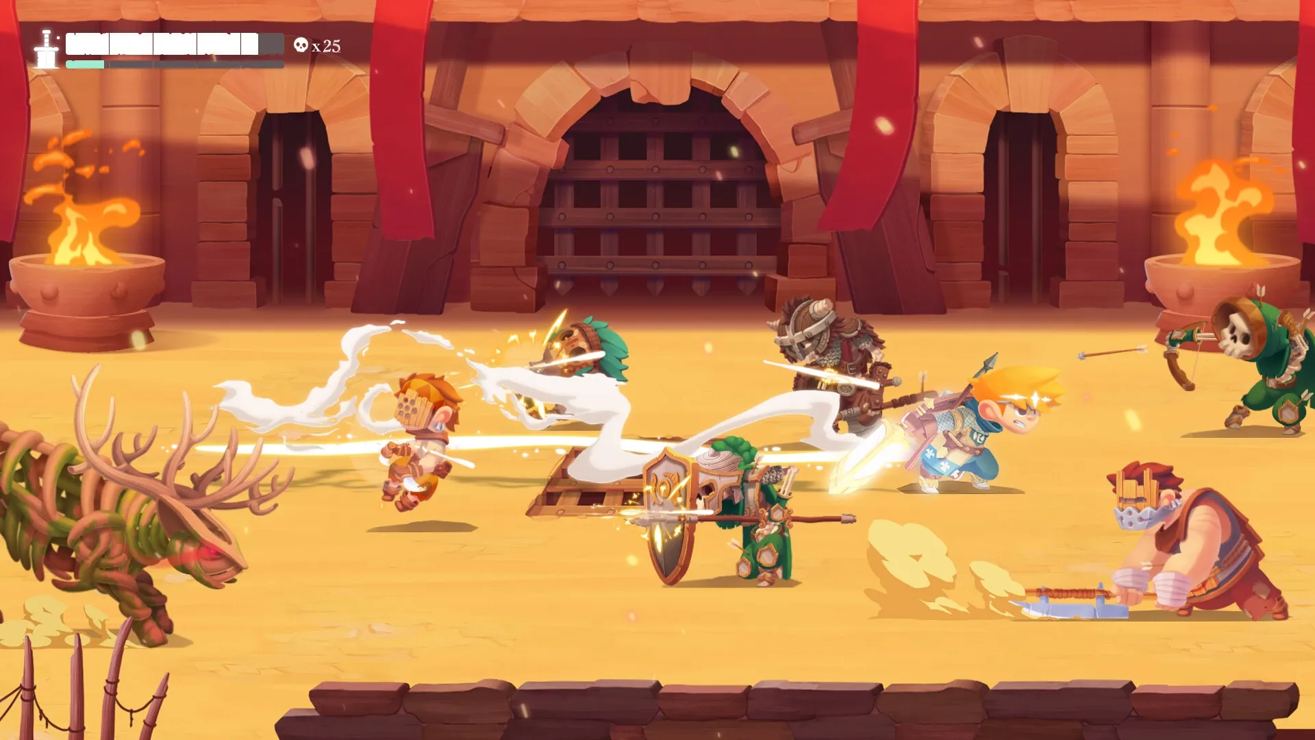 Radiant: Ainar and Quinn engage enemies in a sandy arena with fire pits and wooden gates