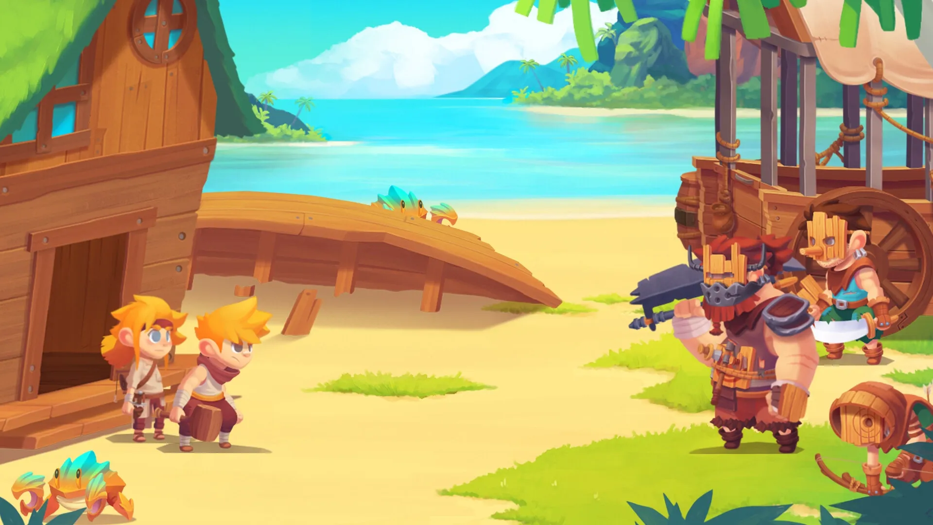 Radiant: Ainar and Quinn facing masked enemies on a sunny beach with a wooden hut and wagon nearby