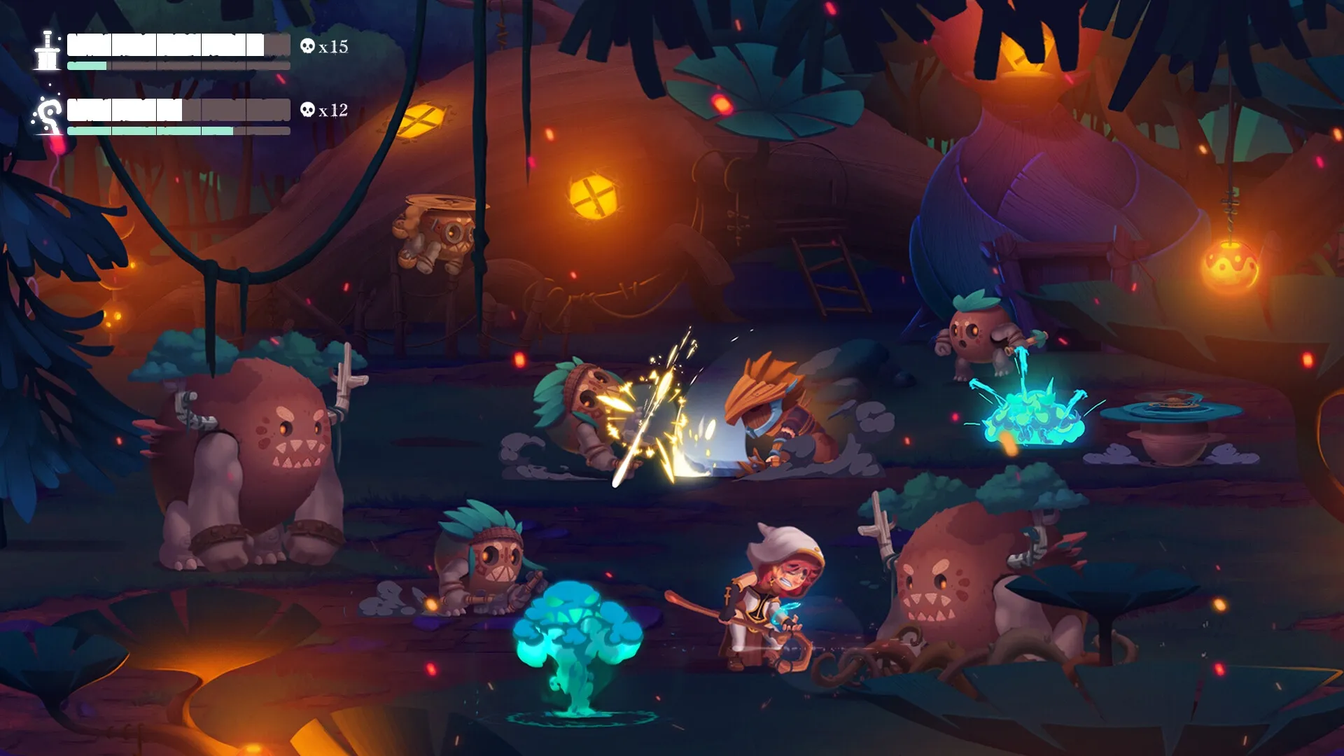 Radiant: Ainar battles creatures in a glowing forest, UI shows health and enemy count, vibrant colors.