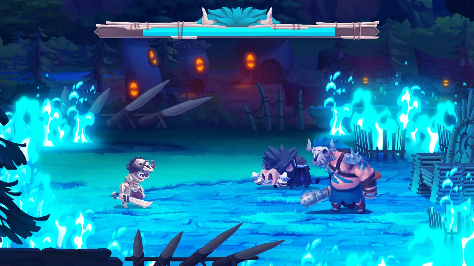 Radiant: Ainar faces off against two enemies amid glowing blue flames in a mystical forest village.