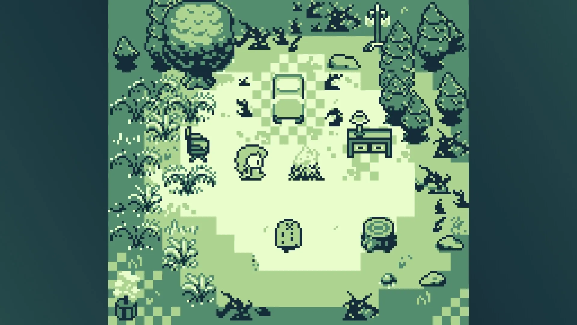 Radio Ghosts: Camping scene with character near a campfire and a desk in a forest clearing
