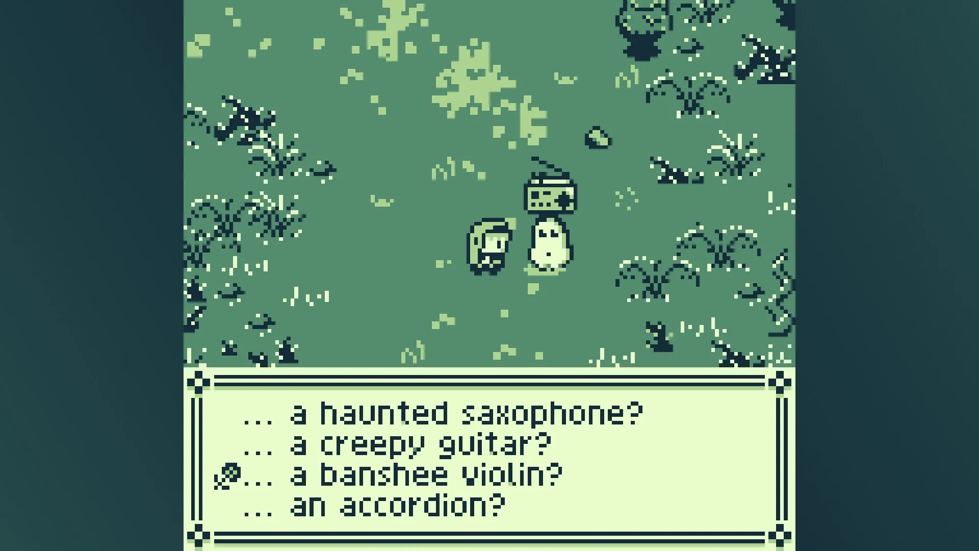 Radio Ghosts: Character converses with ghost in pixelated forest, dialogue options visible below.