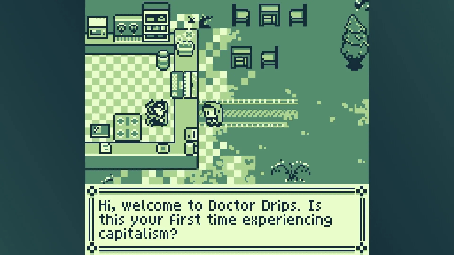Radio Ghosts: Character entering Doctor Drips café with dialogue box and pixel art style environment
