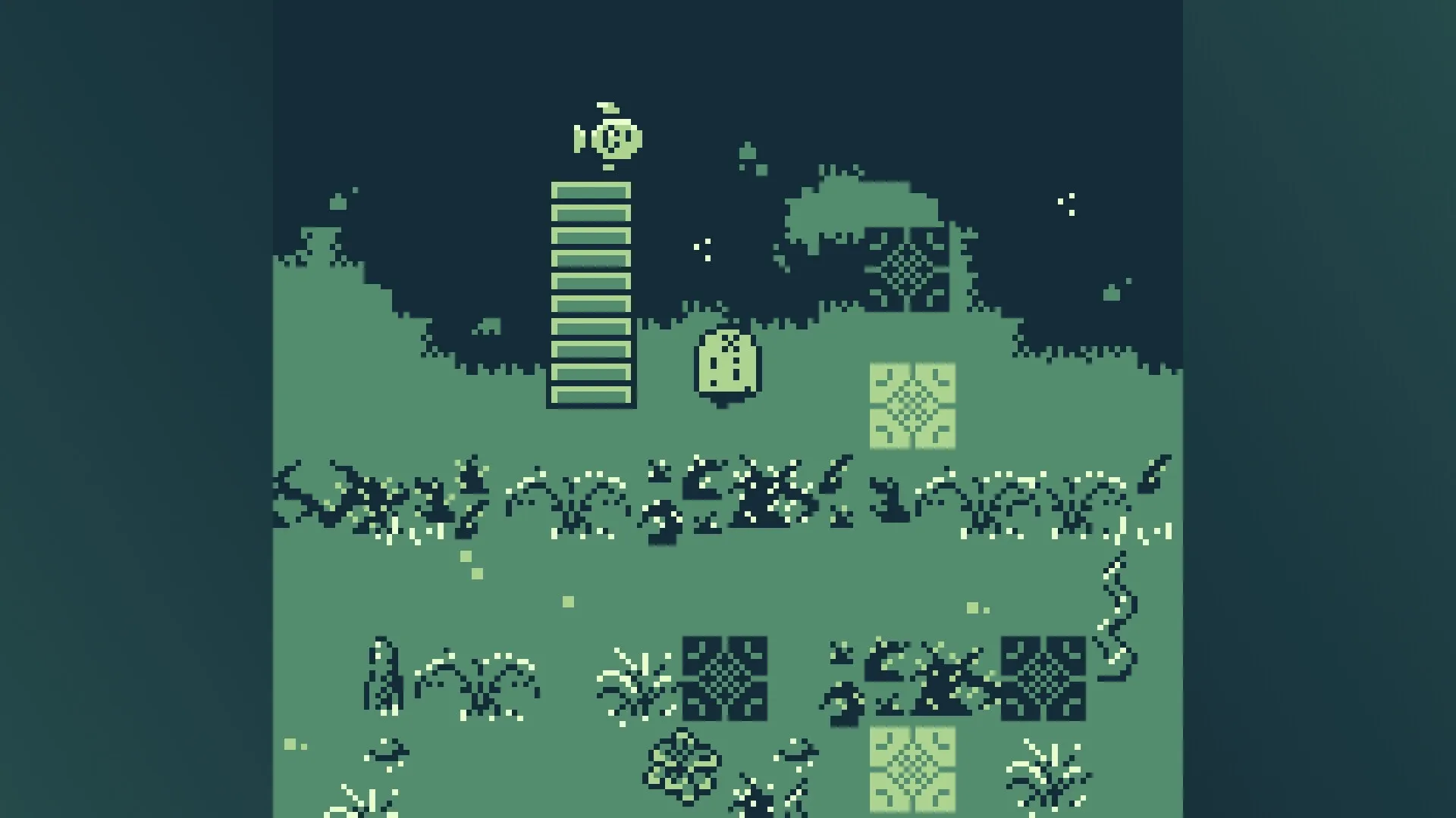 Radio Ghosts: Pixelated character exploring grassy forest with geometric patterns and floating fish