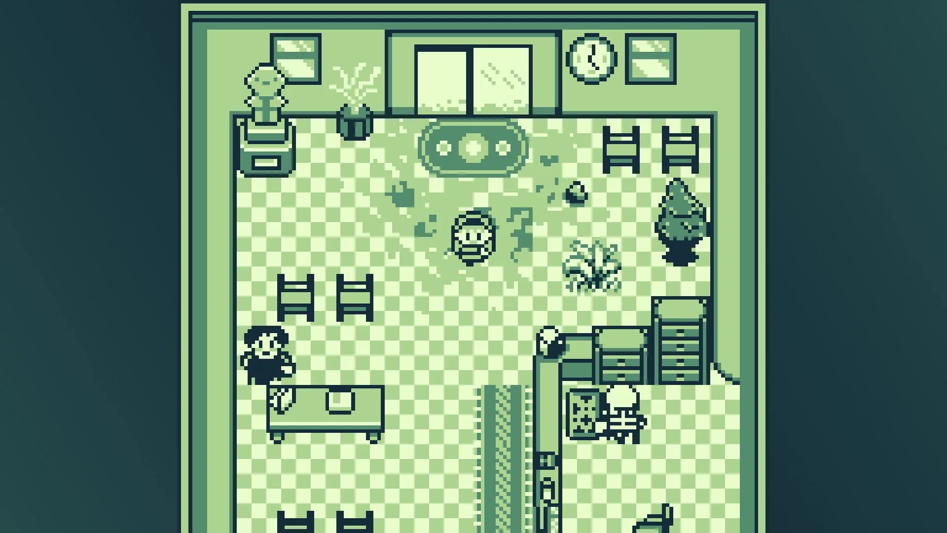 Radio Ghosts: Character exploring a checkered room with tables, chairs, and a clock on the wall
