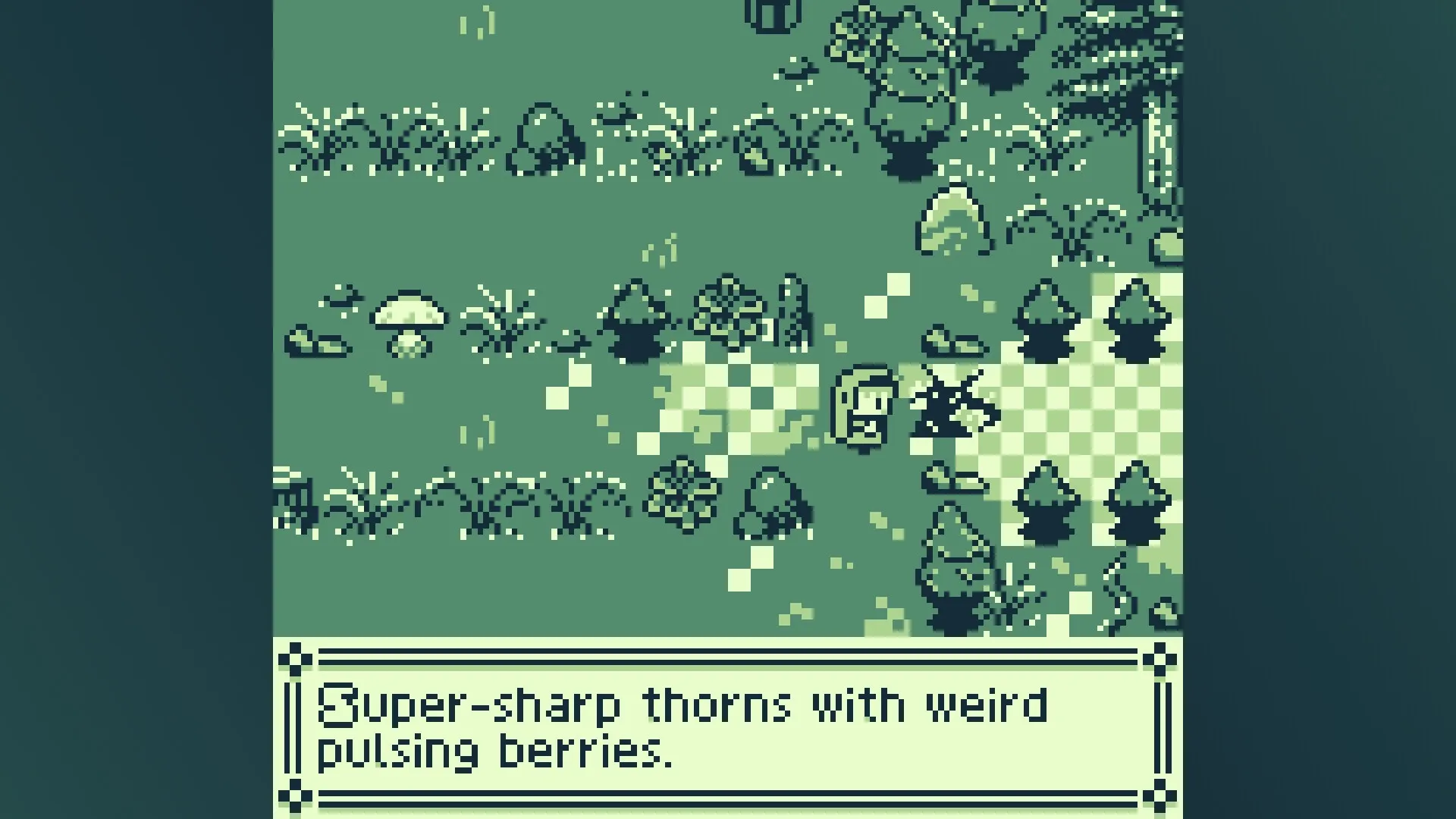 Radio Ghosts: Character explores pixelated forest path with thorns, mushrooms, and dialogue box below.