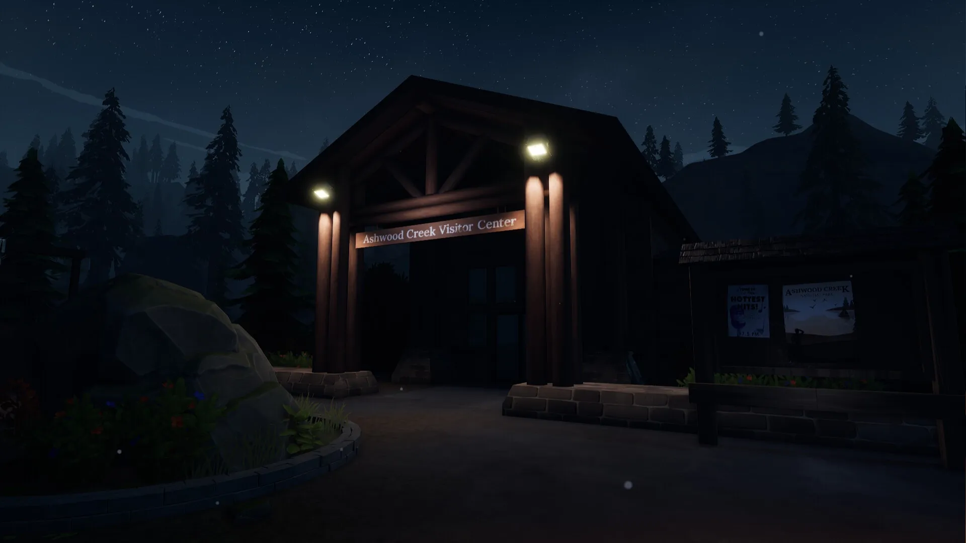 Radiolight: Ashwood Creek Visitor Center entrance surrounded by forest under a starry night sky.
