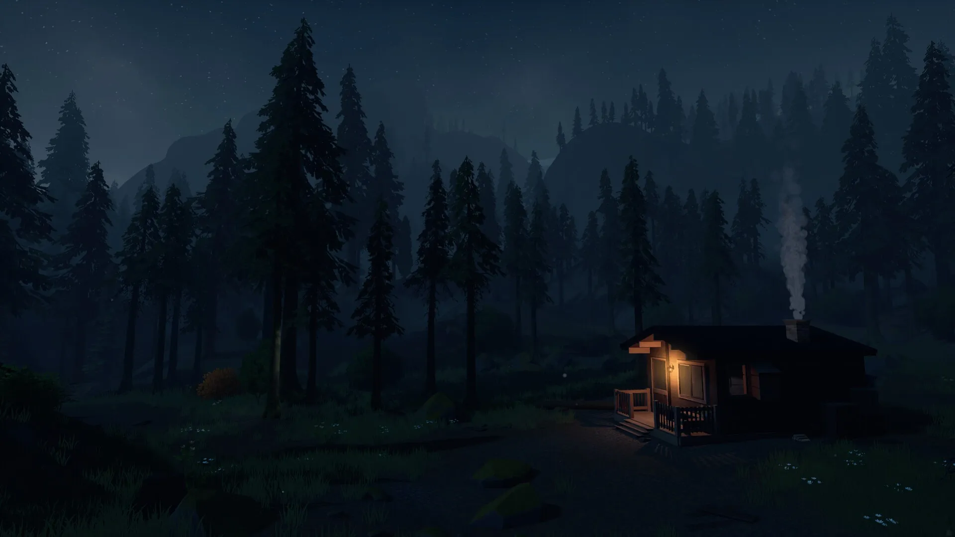 Radiolight: A dimly lit cabin emits smoke in a dense, starry forest setting at night.