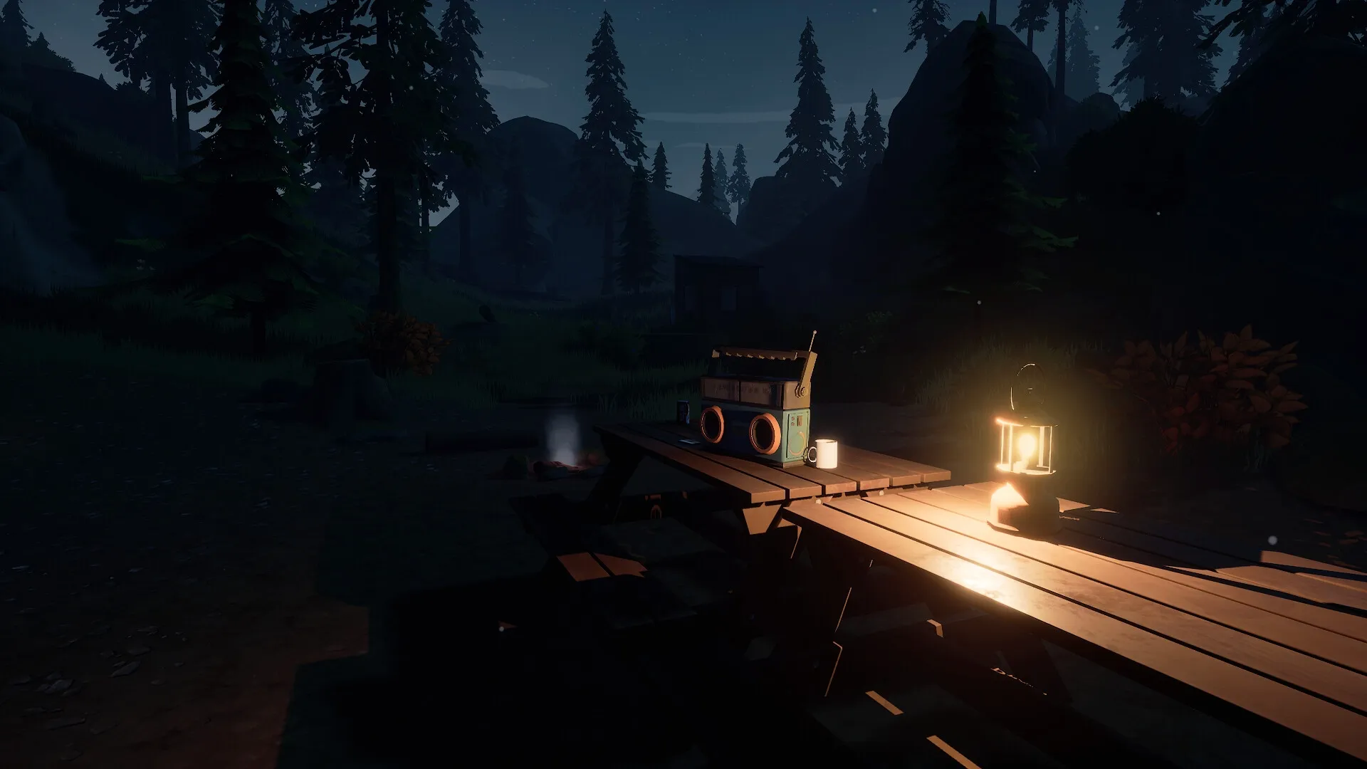 Radiolight: Lantern-lit picnic table with radio and cup in forest clearing at night