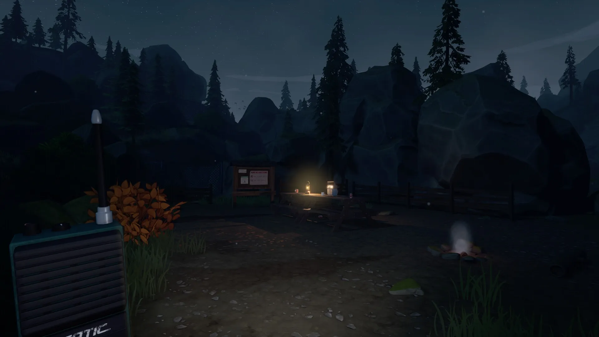 Radiolight: Nighttime park scene with lit campsite table, radio, and surrounding rocky forest terrain