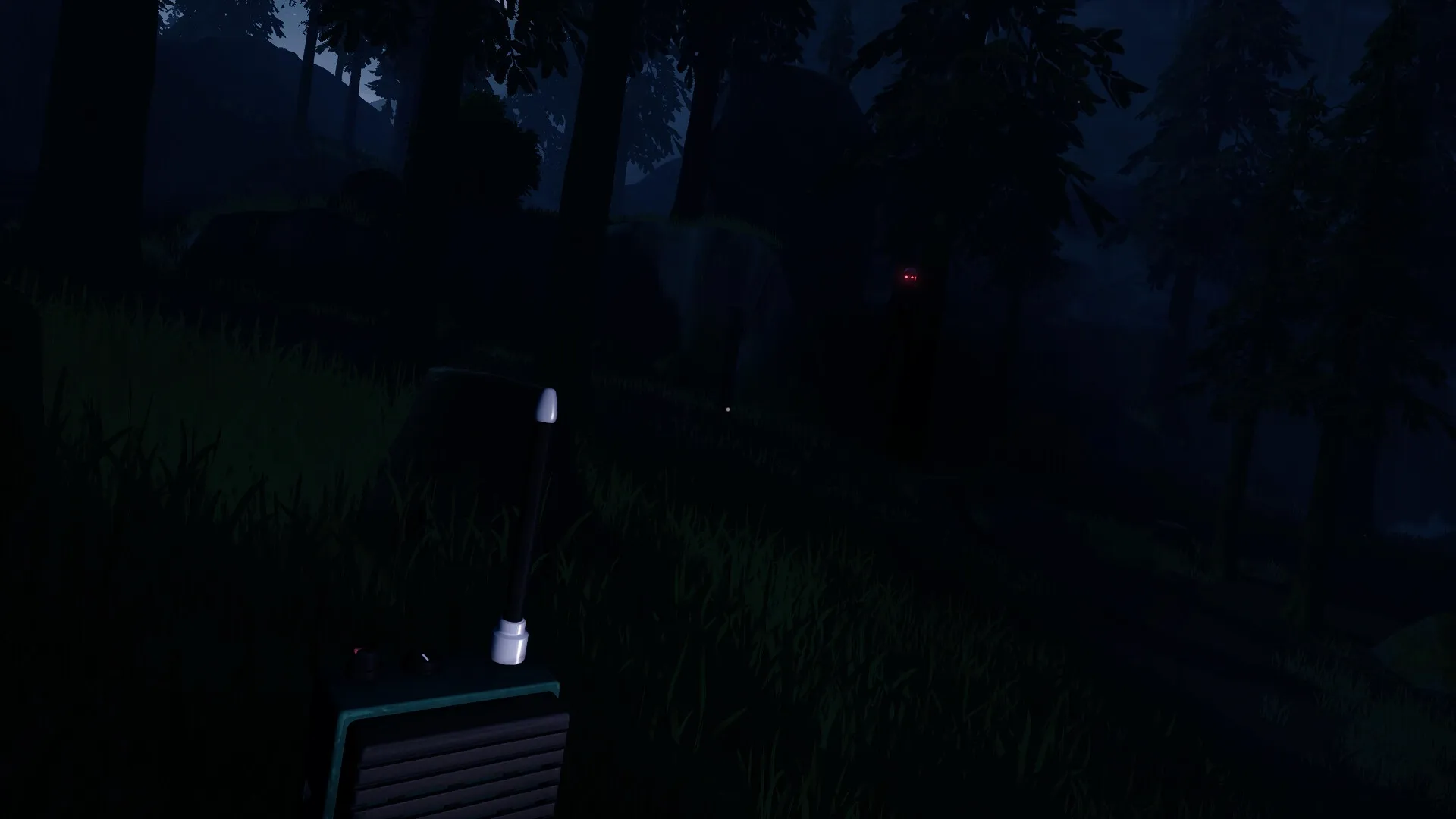 Radiolight: Policeman holds radio in dark forest, distant red lights glow ominously through the trees
