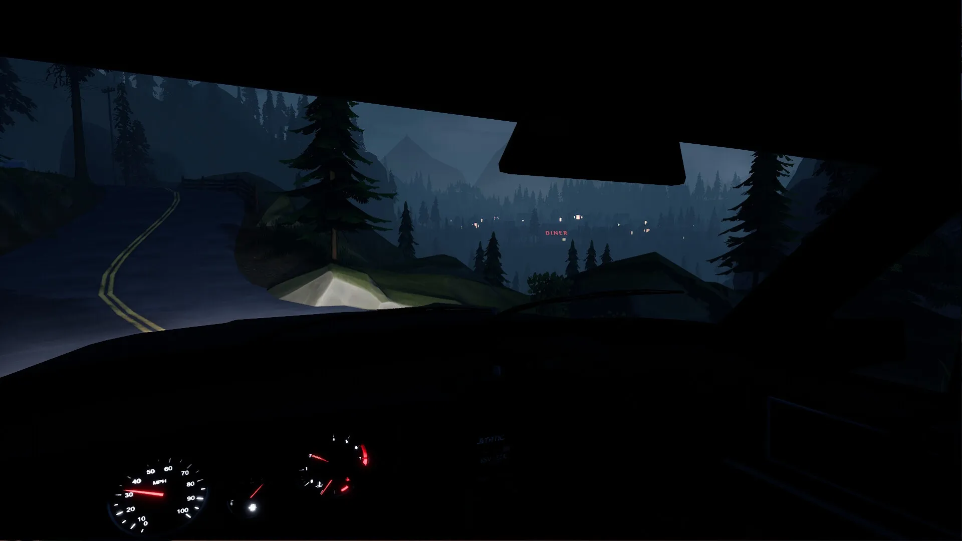 Radiolight: Driving through forested road at night with dashboard view and distant diner lights visible
