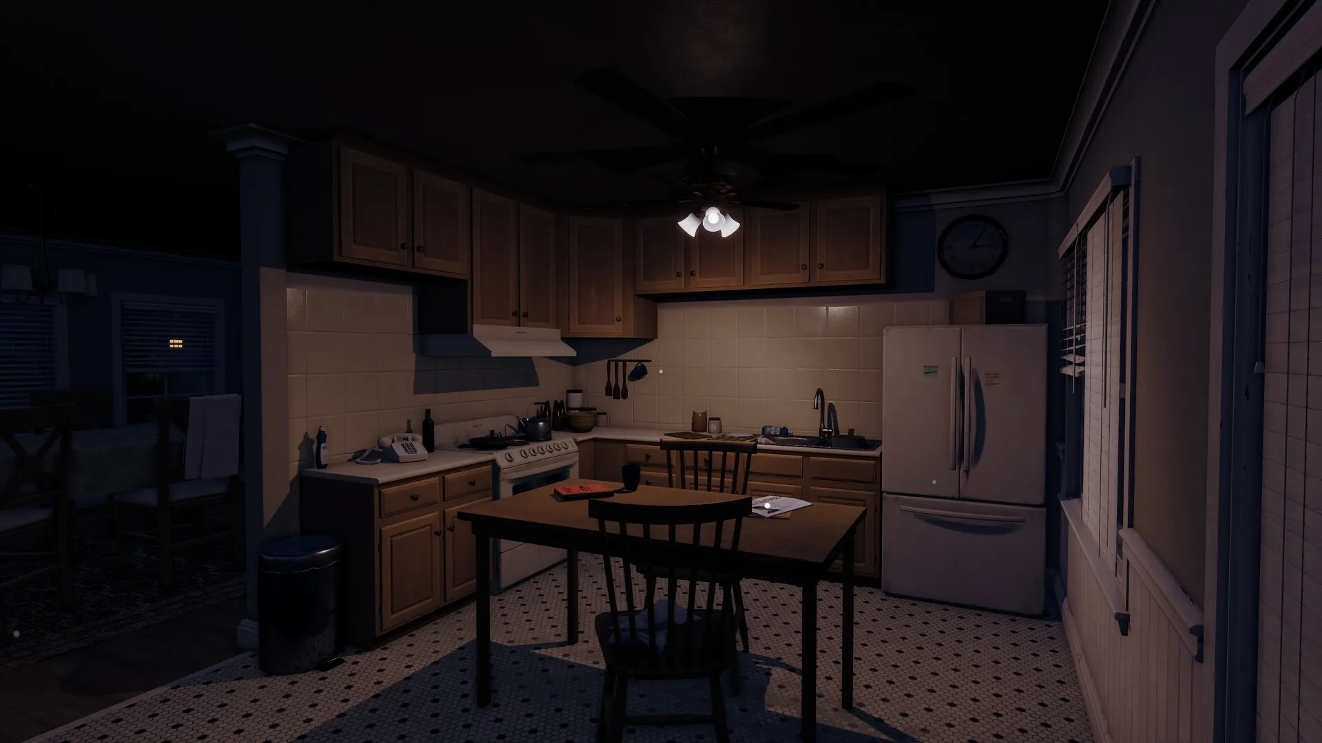 Radiolight: Dimly lit kitchen with table, chairs, and visible notes on the countertop in cozy home setting.