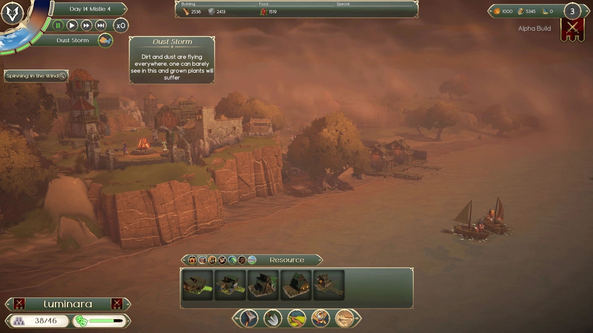 RAEV: Dust storm over coastal village with campfire and resource menu visible