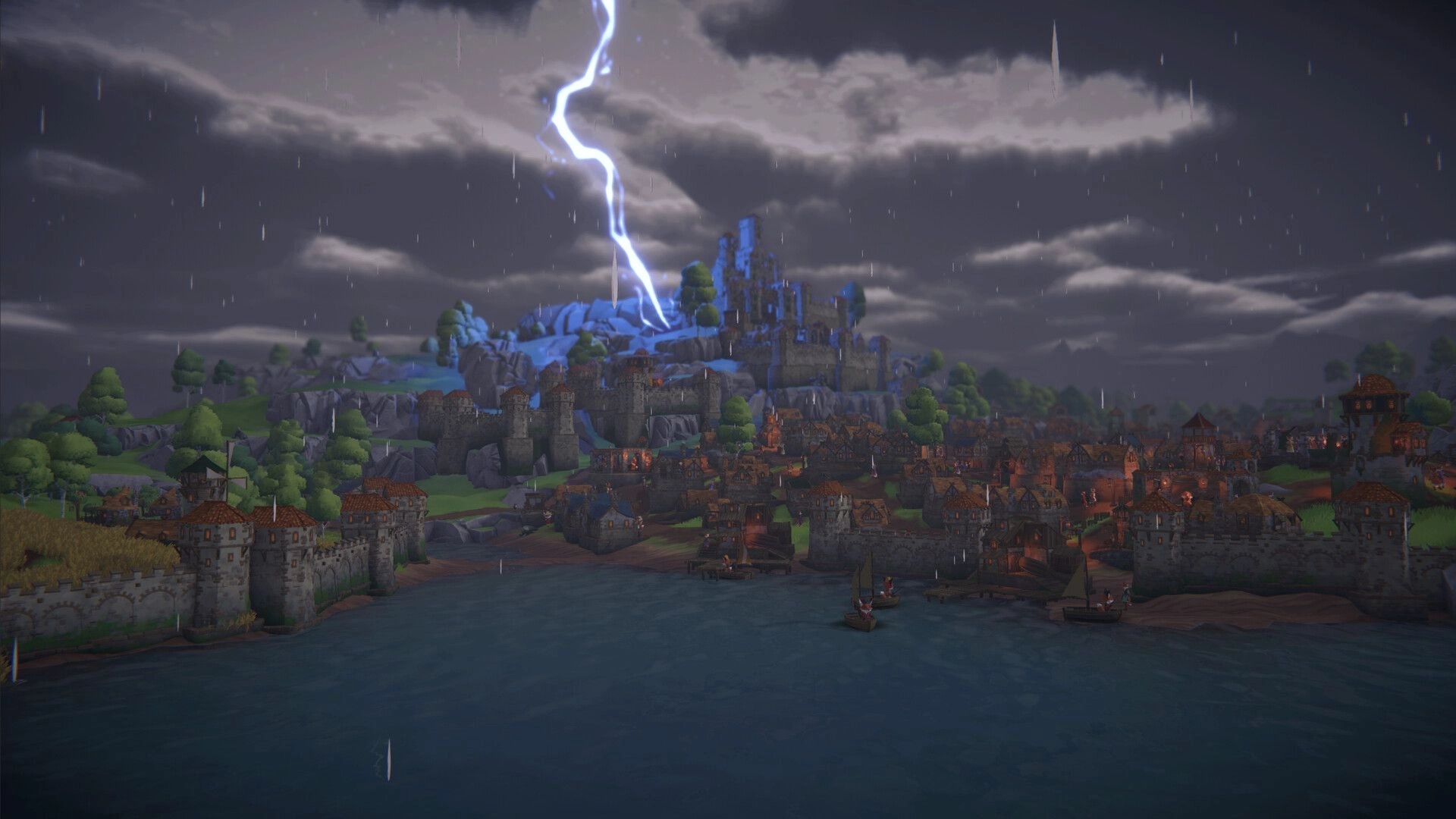 RAEV: Expansive medieval cityscape with stormy skies and lightning over a distant castle on a hilltop