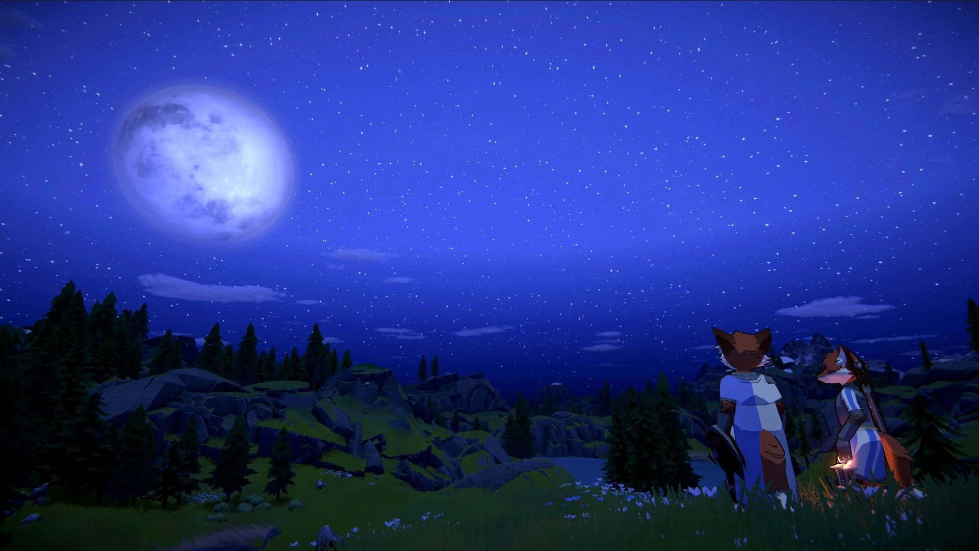 RAEV: Two fox characters gaze at a starry night sky with a large moon over a forested landscape.