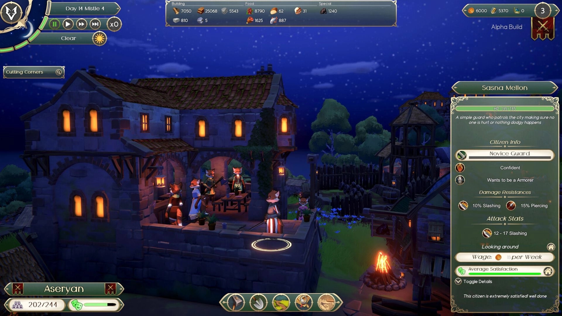 RAEV: Fox citizens gather on a balcony at night, with UI showing citizen info and resource stats