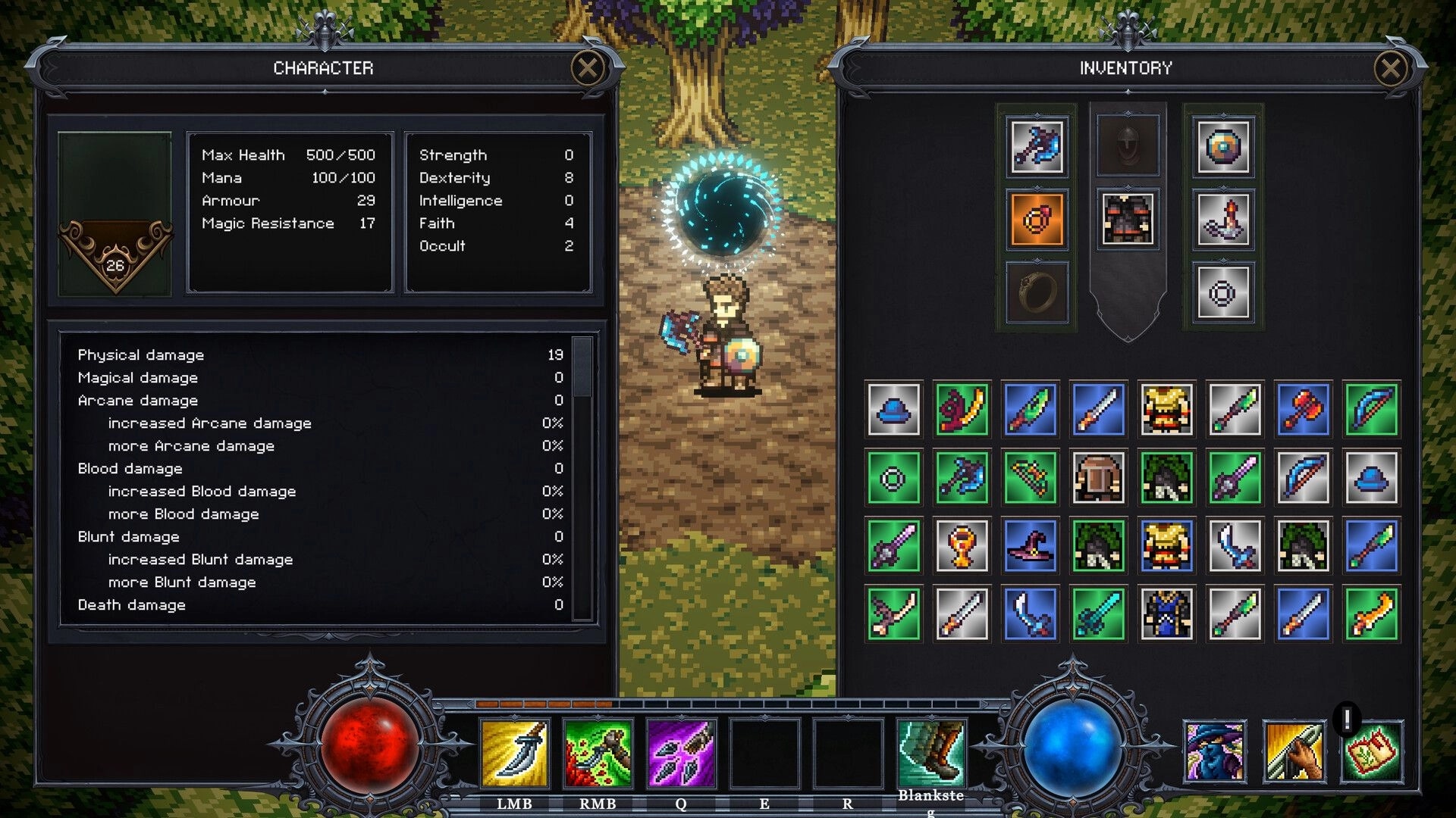 Rage & Relics: Character and inventory panels open over hero on forest path with loot grid UI.