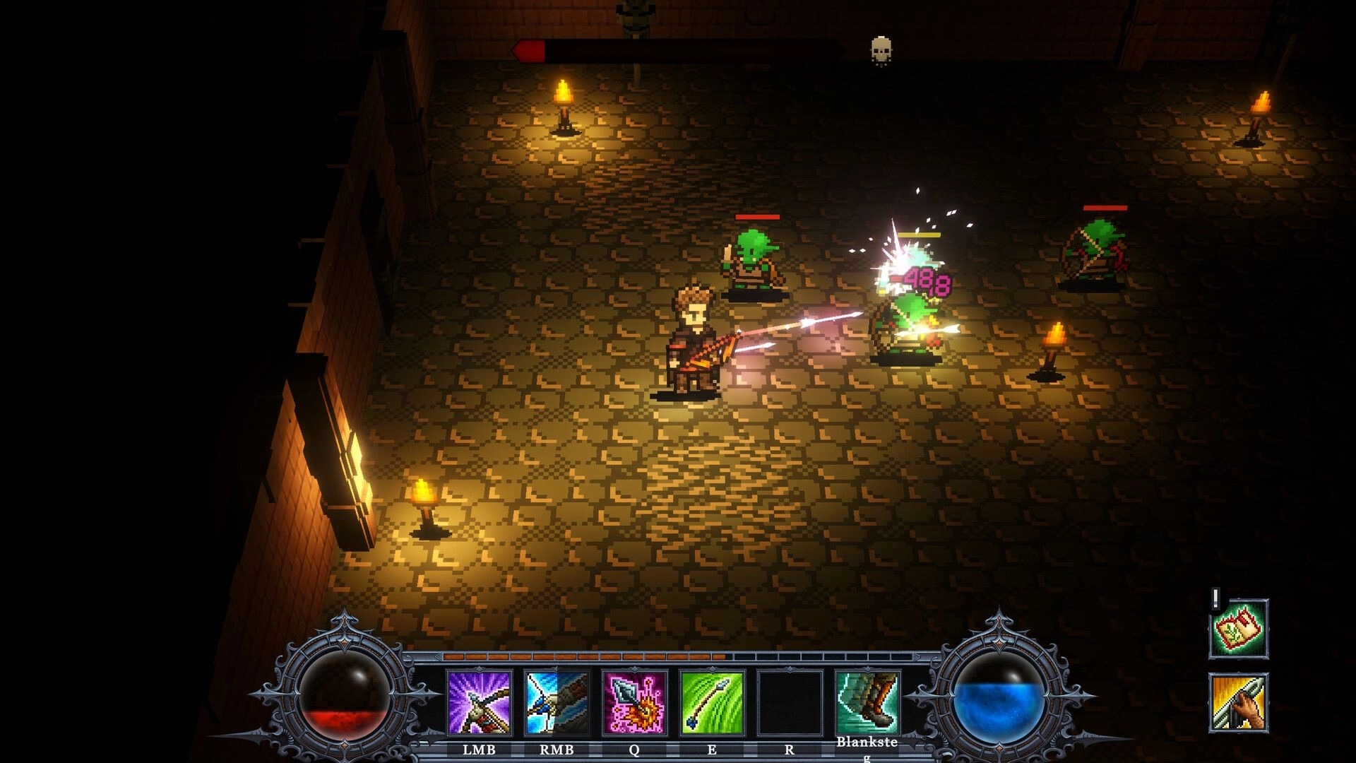 Rage & Relics: Hero attacks goblins as damage numbers pop in a torchlit stone dungeon with hotbar UI.