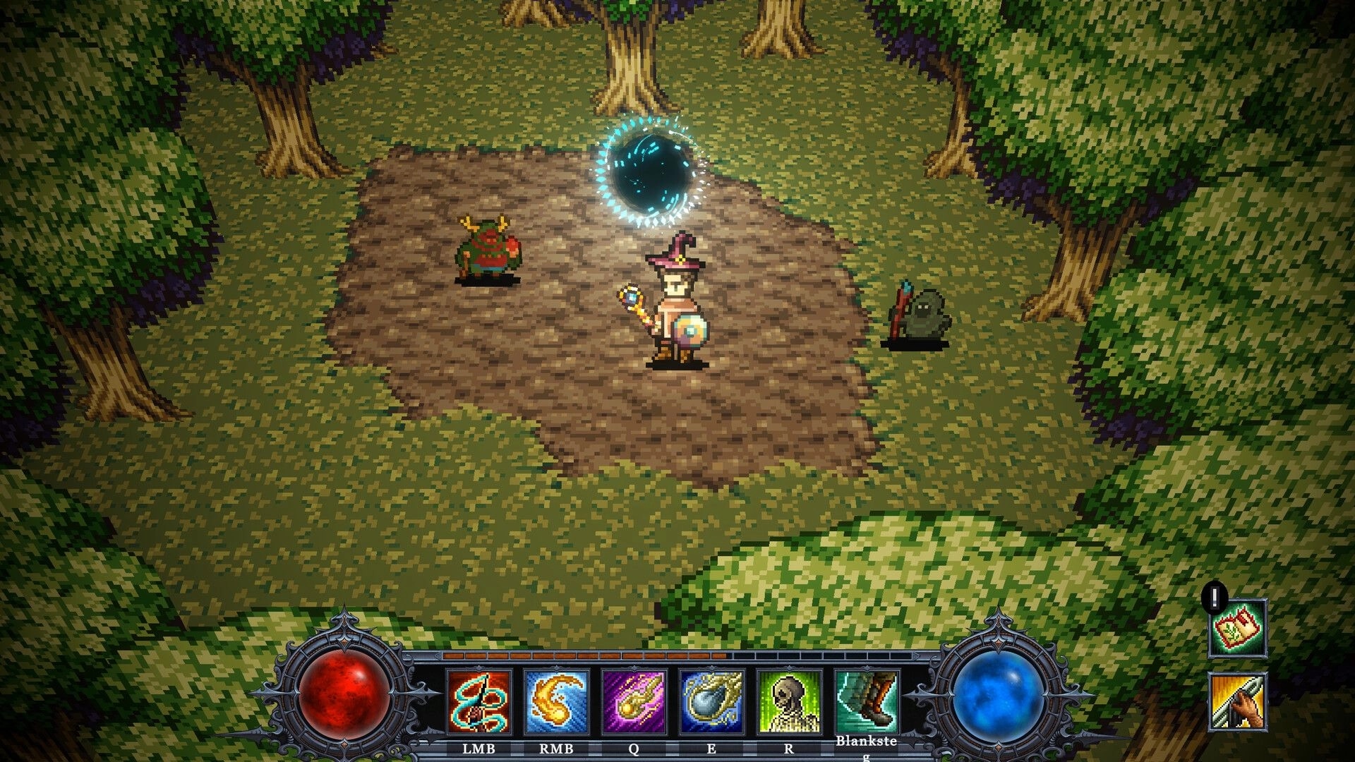 Rage & Relics: Mage with staff faces two monsters under a portal in a forest clearing with hotbar UI.