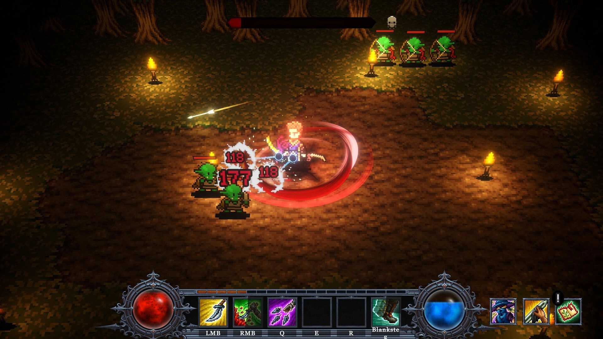 Rage & Relics: Hero spins sword attack on goblins with damage numbers in torchlit forest arena.