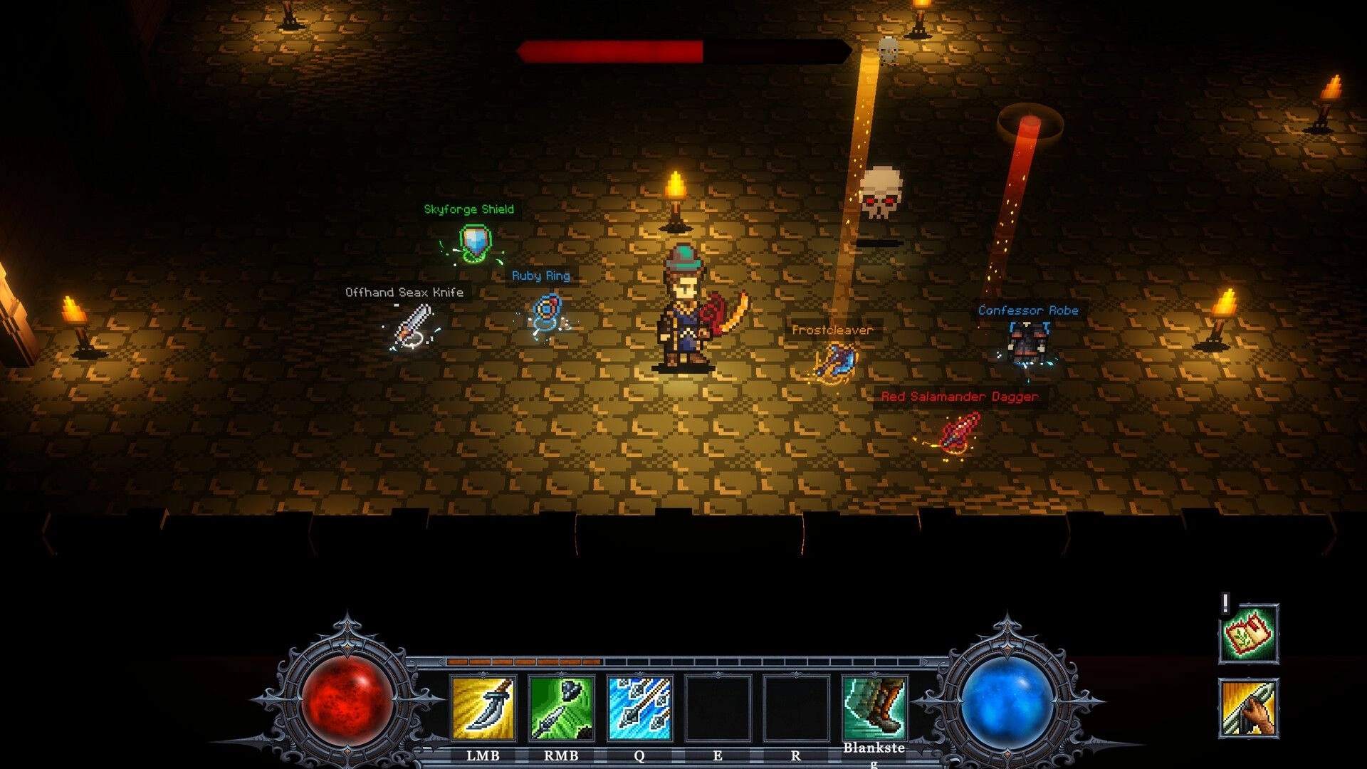 Rage & Relics: Hero stands amid dropped loot in torchlit dungeon, hotbar and health/mana UI visible.