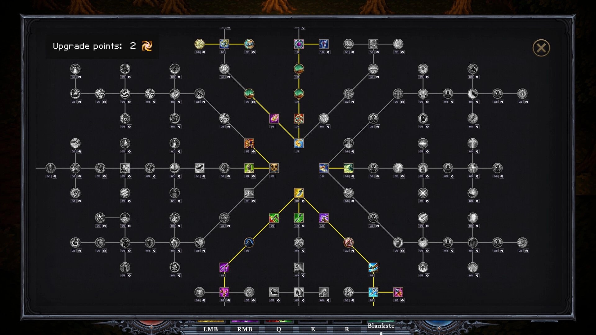 Rage & Relics: Skill tree upgrade screen with 2 upgrade points and branching nodes on dark panel.