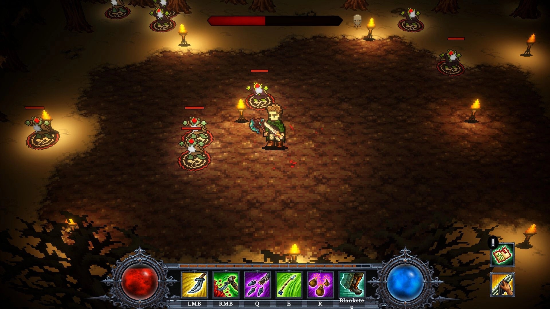 Rage & Relics: Hero battles cultist enemies with hotbar and health/mana UI in torchlit arena.