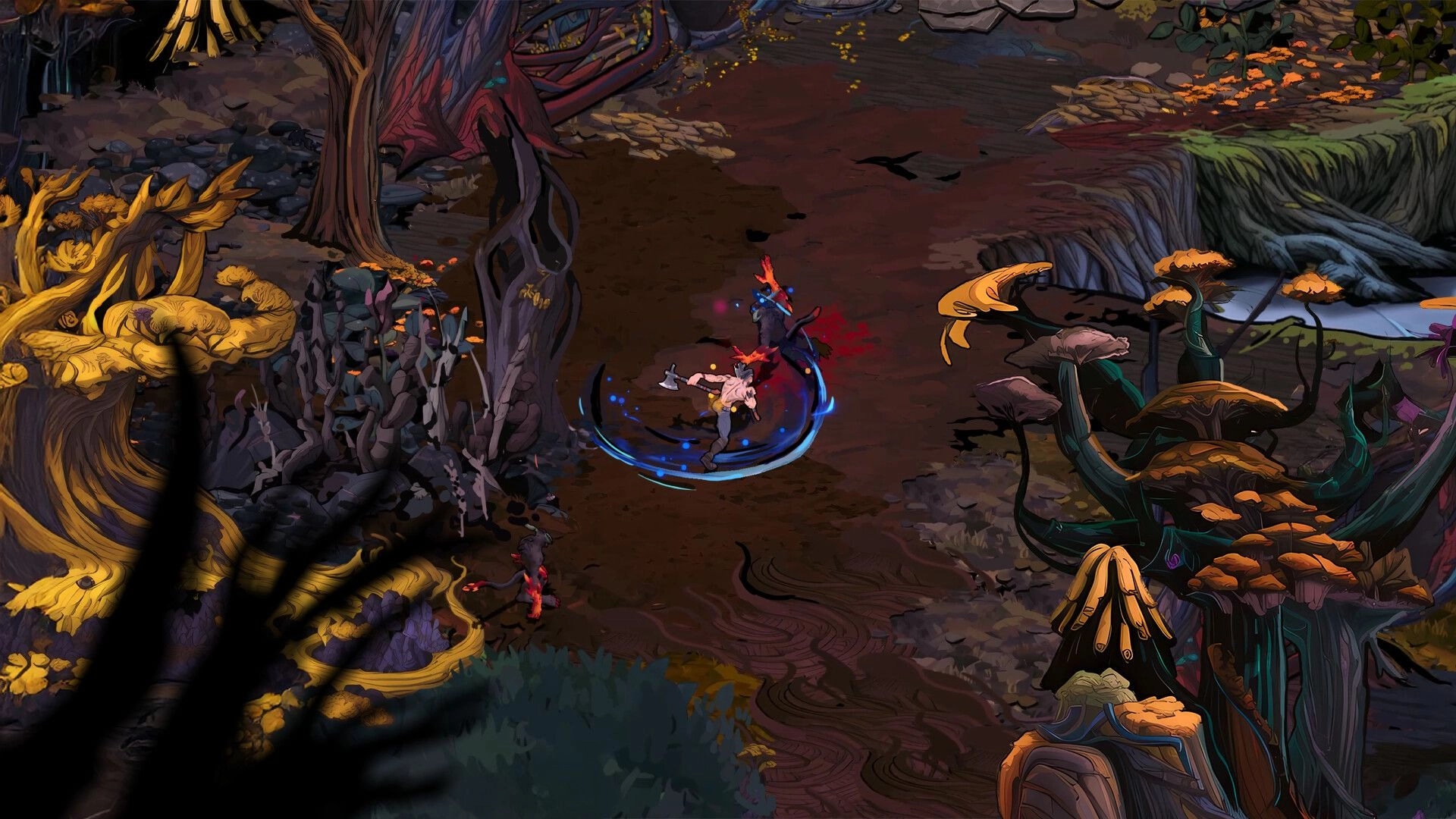 Ragnar: Warrior battling shadow creatures in enchanted forest, vibrant mushrooms and twisted trees surround