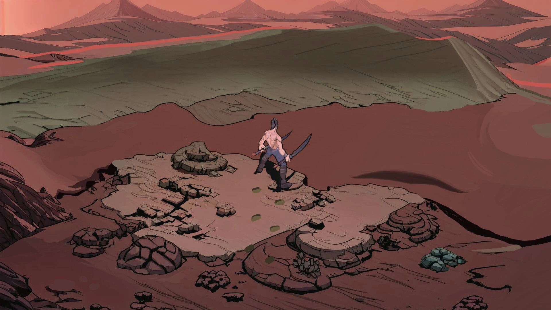Ragnar: Lone warrior with dual swords stands on rocky terrain overlooking vast barren desert landscape.