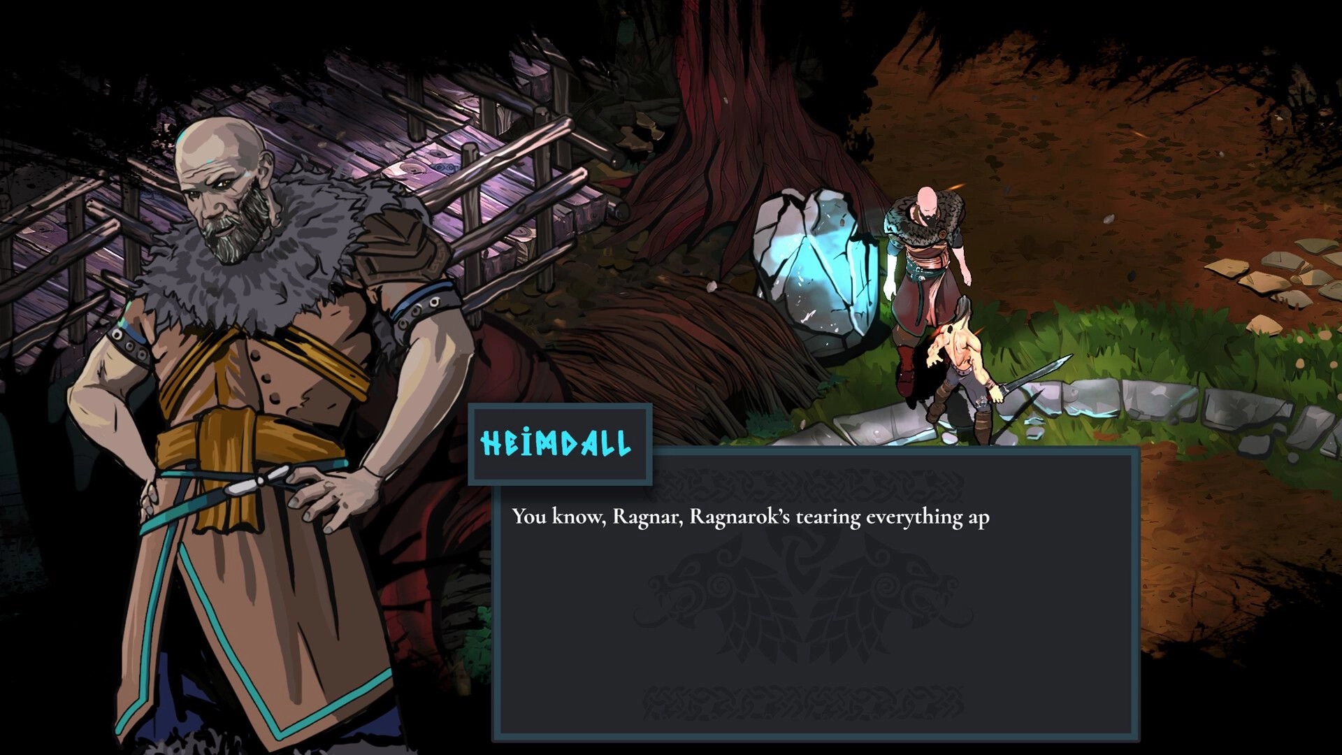 Ragnar: Heimdall dialogue with two characters near glowing stone in forest setting