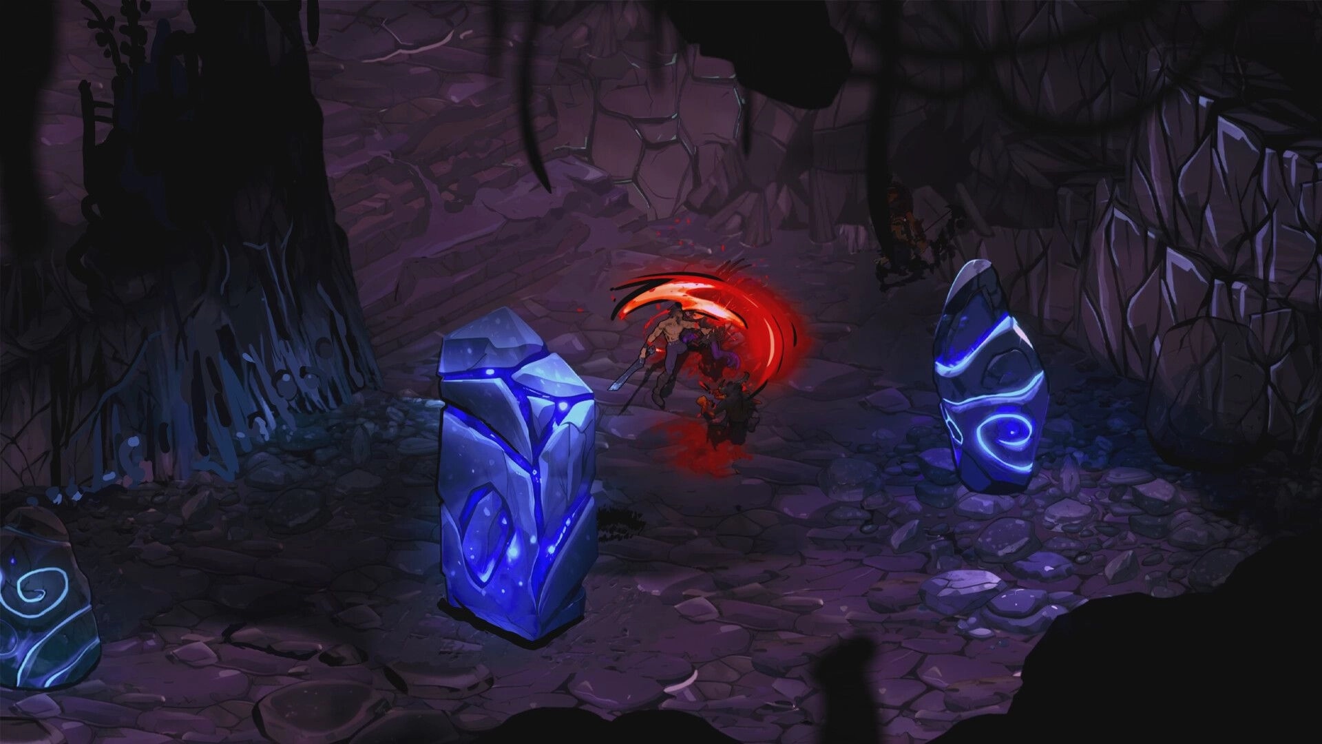 Ragnar: Hero in combat with enemies in a dark cave, surrounded by glowing blue runestones.