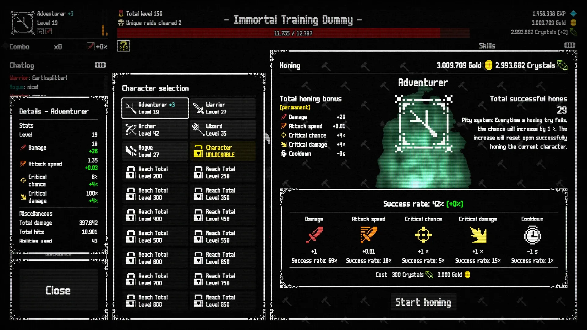 Raid Auctus: Character selection interface with Adventurer honing details and success rates shown