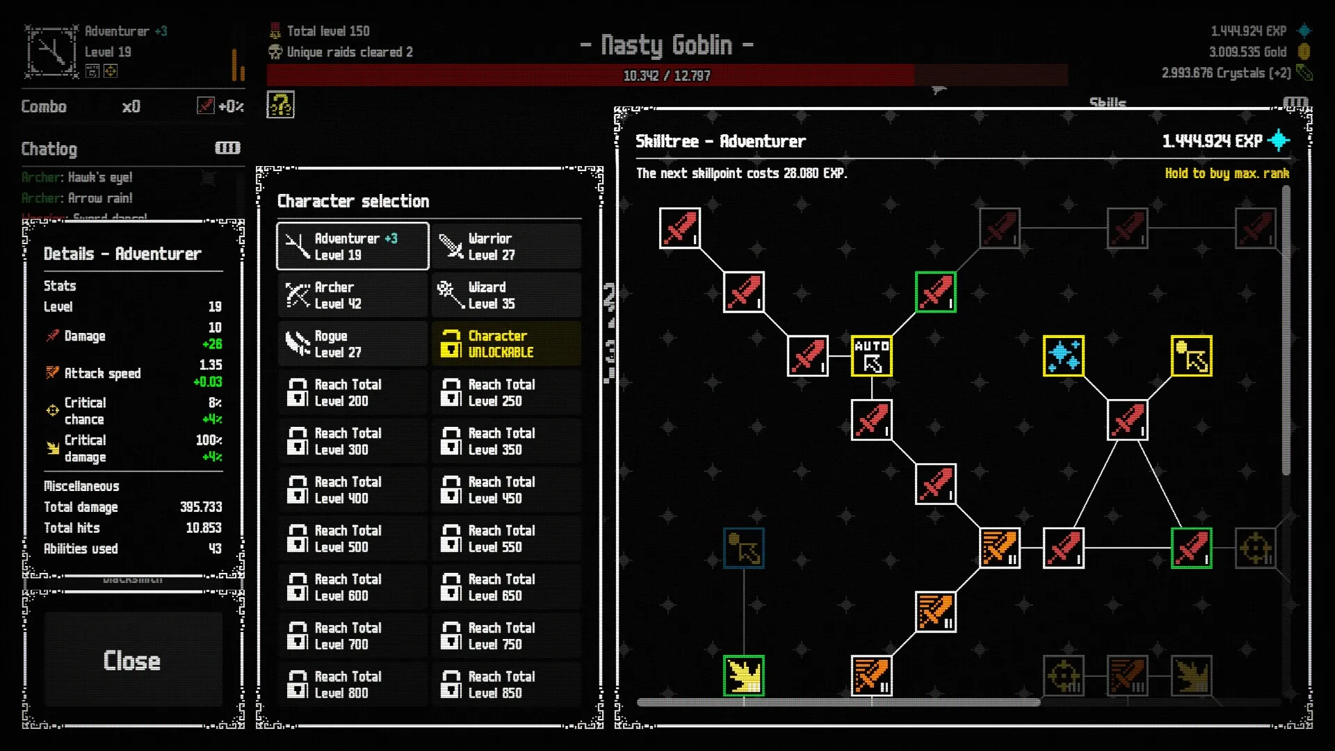 Raid Auctus: Character selection and skill tree interface featuring Adventurer class and stats overview