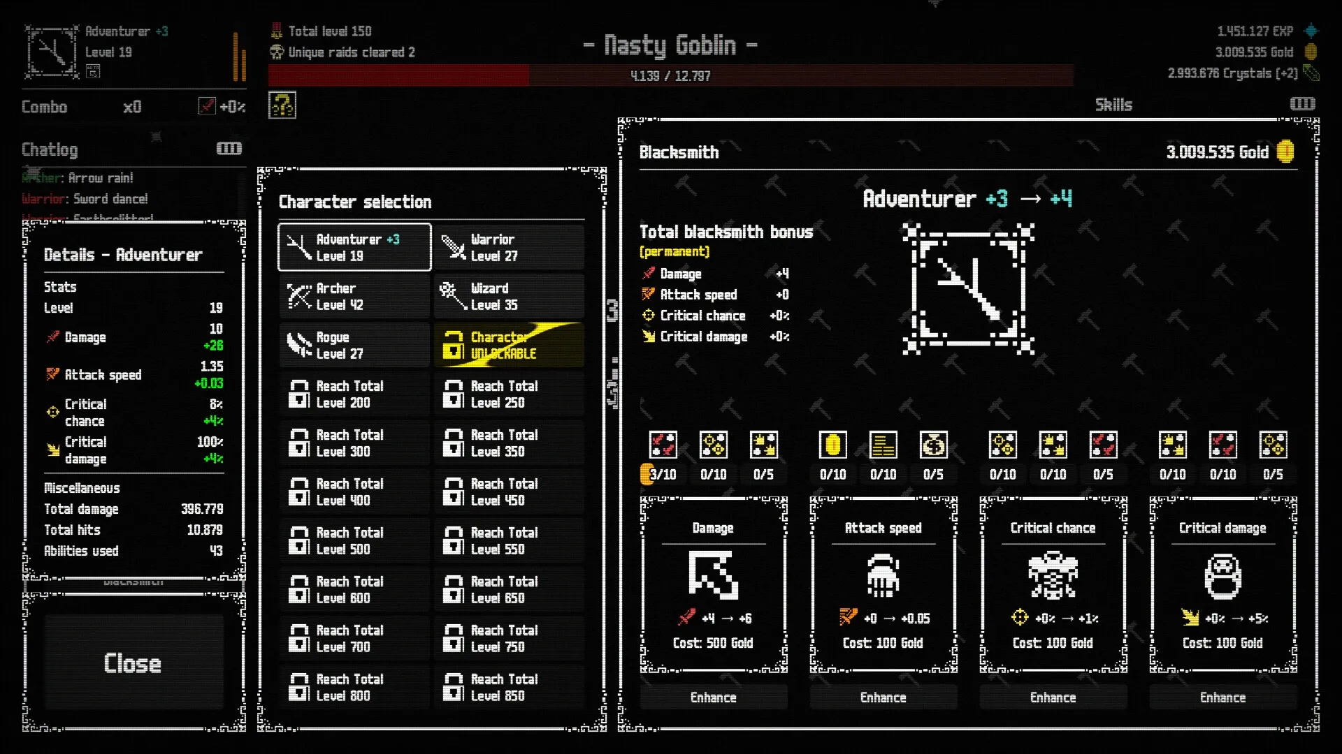 Raid Auctus: Character selection and blacksmith enhancement menu with stats and upgrade options visible