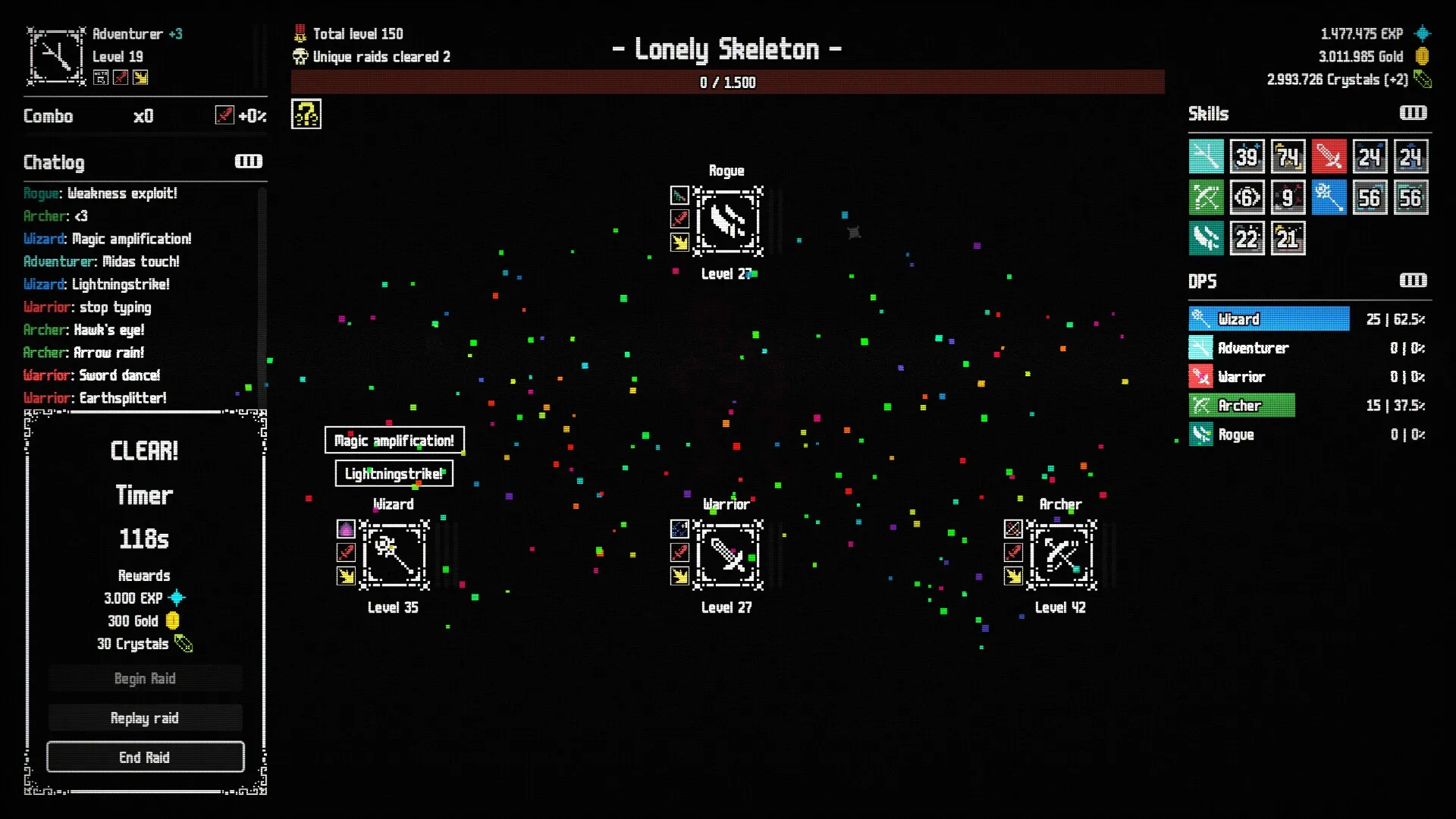 Raid Auctus: Combat with a "Lonely Skeleton" boss, showing DPS stats, chatlog, and raid timer.