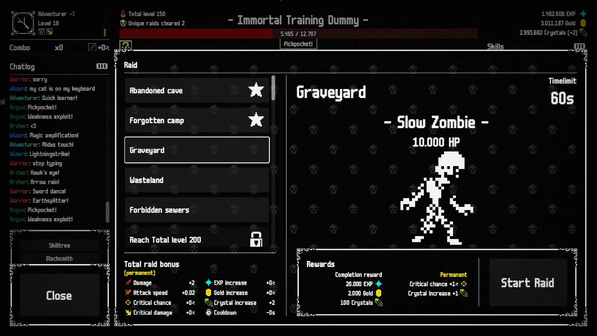 Raid Auctus: Graveyard raid selection with Slow Zombie enemy, chat log, and raid bonuses displayed.