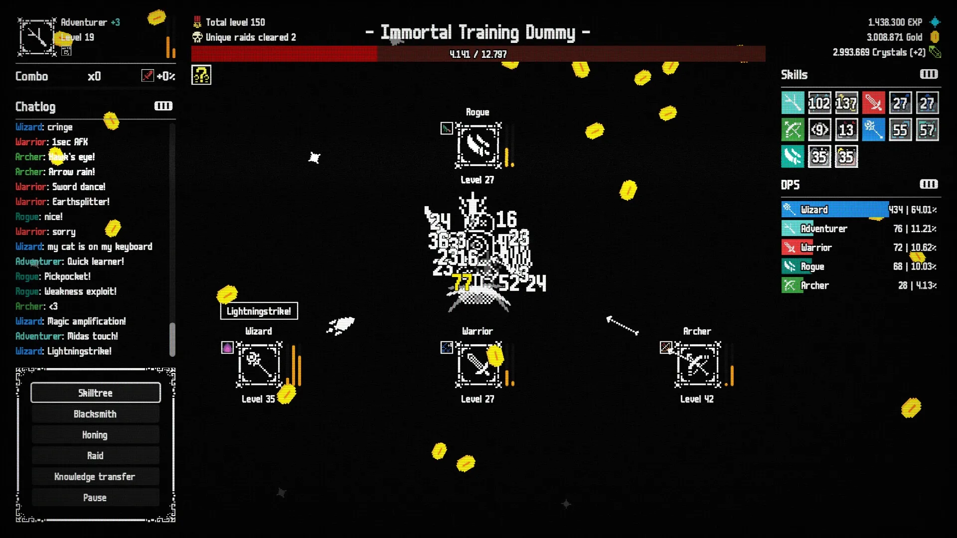 Raid Auctus: Combat against Immortal Training Dummy with chatlog and DPS stats on dark interface