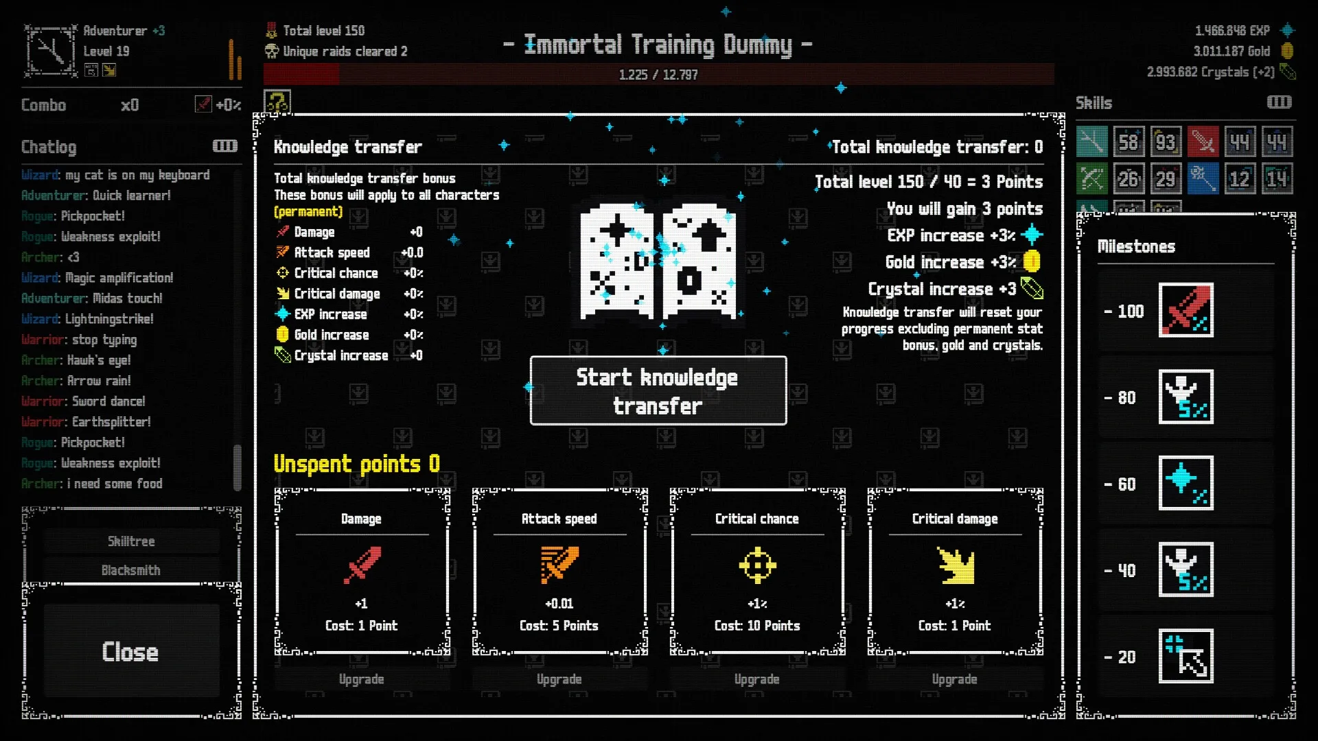 Raid Auctus: Knowledge transfer menu with upgrade options and chatlog in training environment