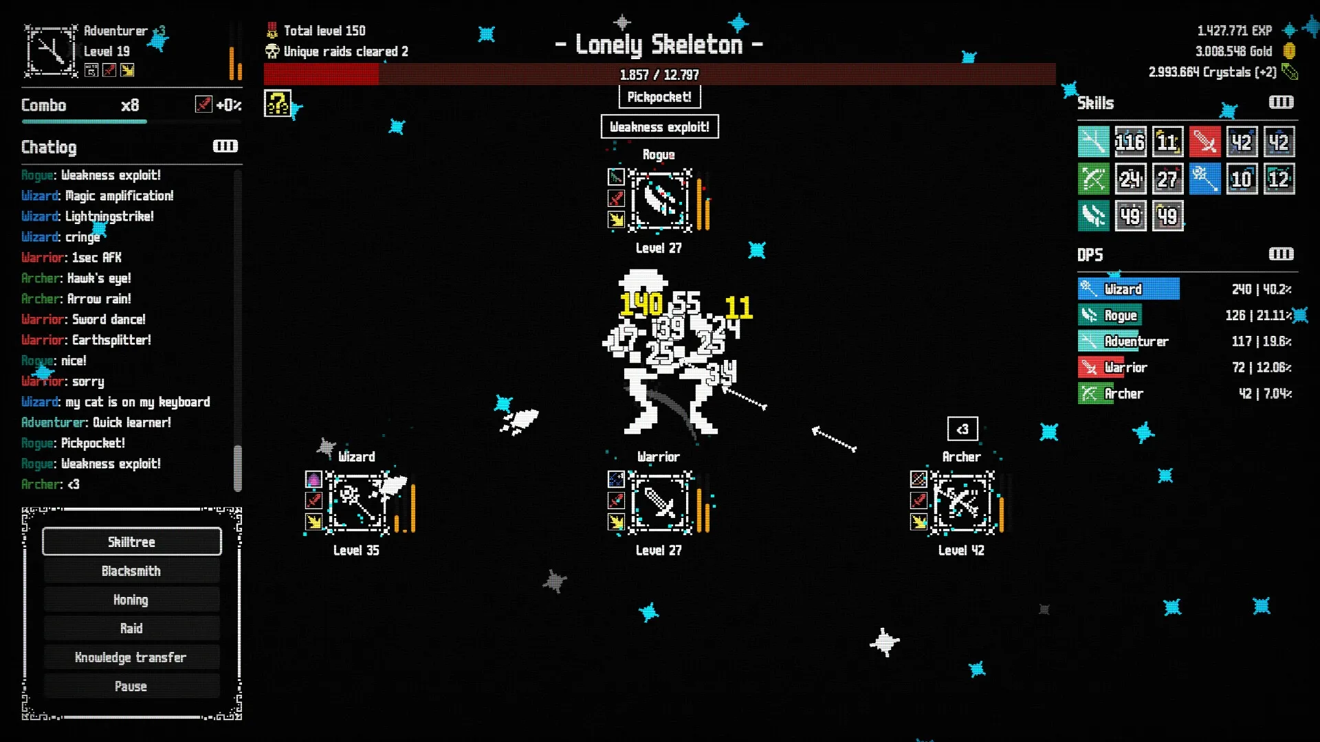 Raid Auctus: Combat with Lonely Skeleton, chat log and skill menu on dark starry background