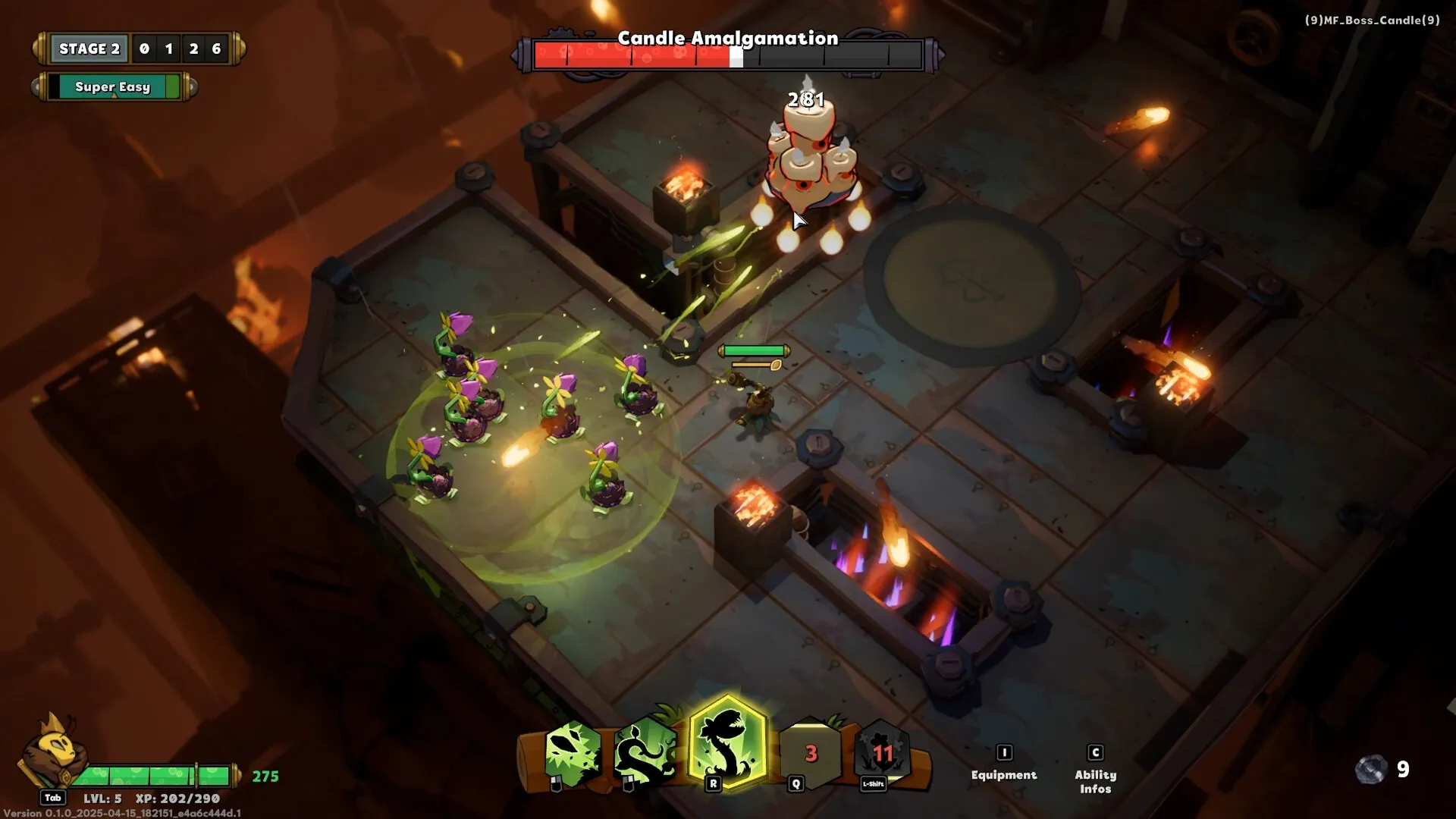 Raiders of Blackveil: Player battles Candle Amalgamation in dungeon with health bar and abilities shown