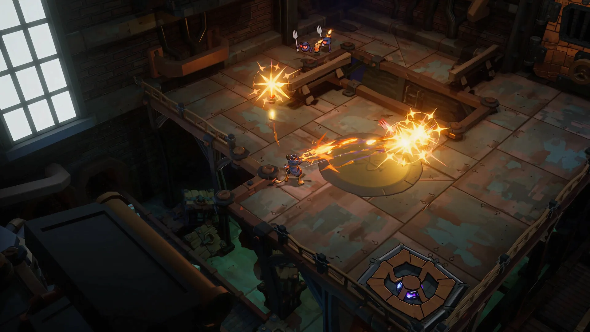 Raiders of Blackveil: Player character fires projectiles at enemies in an industrial factory setting.